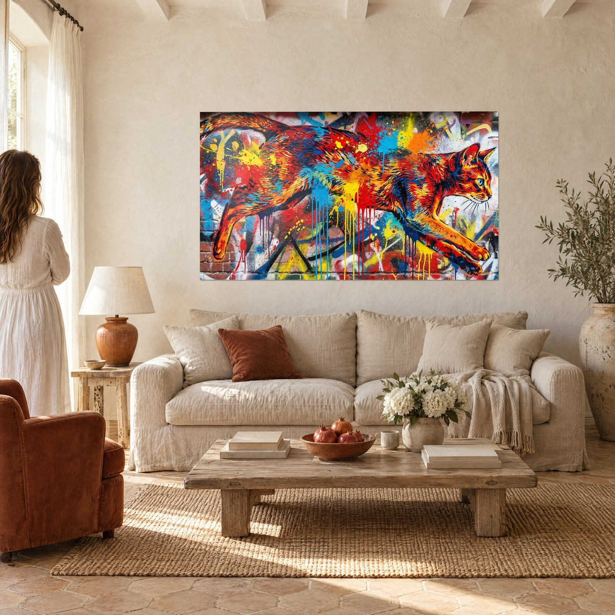 Tableau chat abyssin bondissant, pelage rouge et orange éclaboussé de jaune, femme de dos, au-dessus d'un canapé dans un salon lumineux