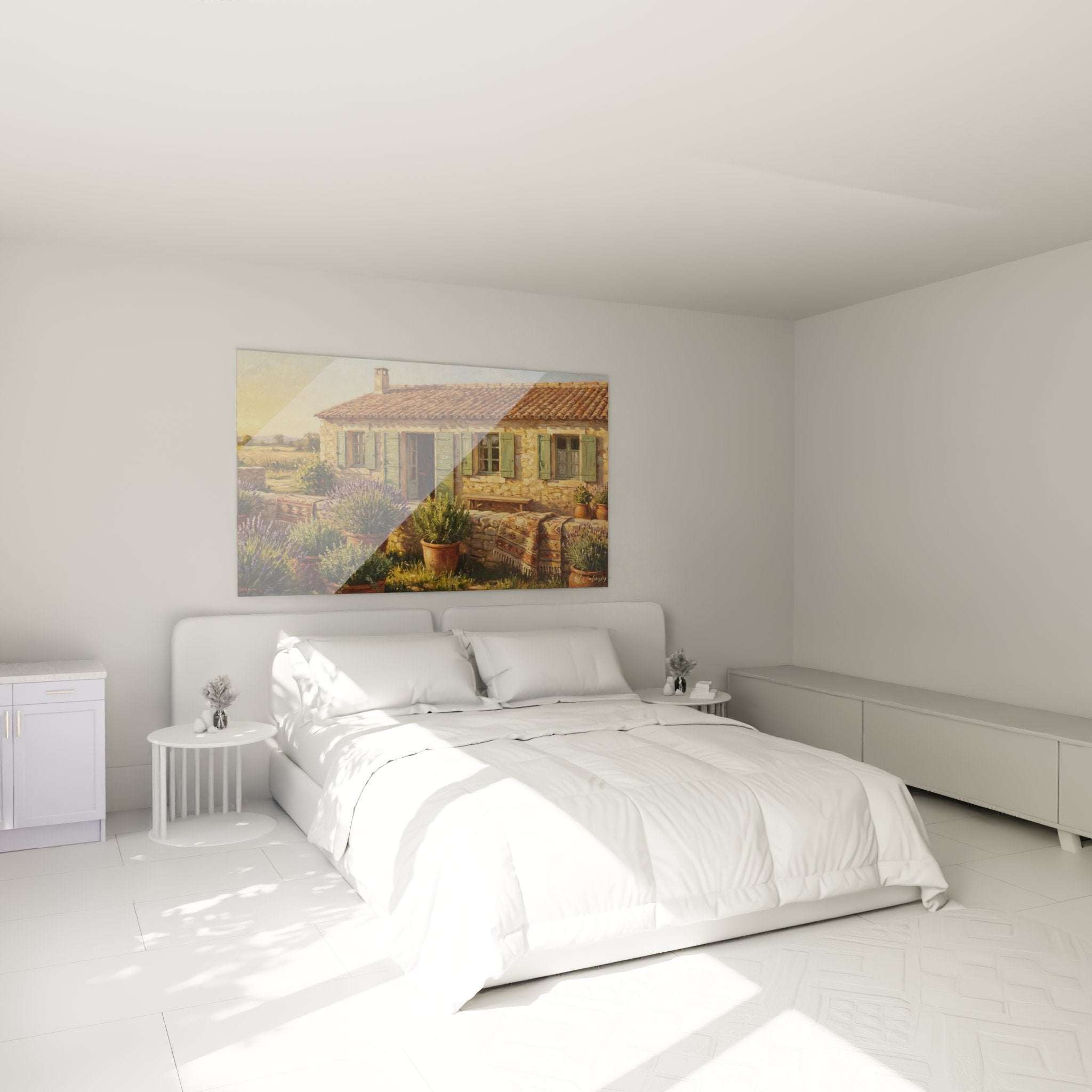 Tableau mas provençal dans une chambre moderne, apportant une ambiance méditerranéenne chaleureuse
