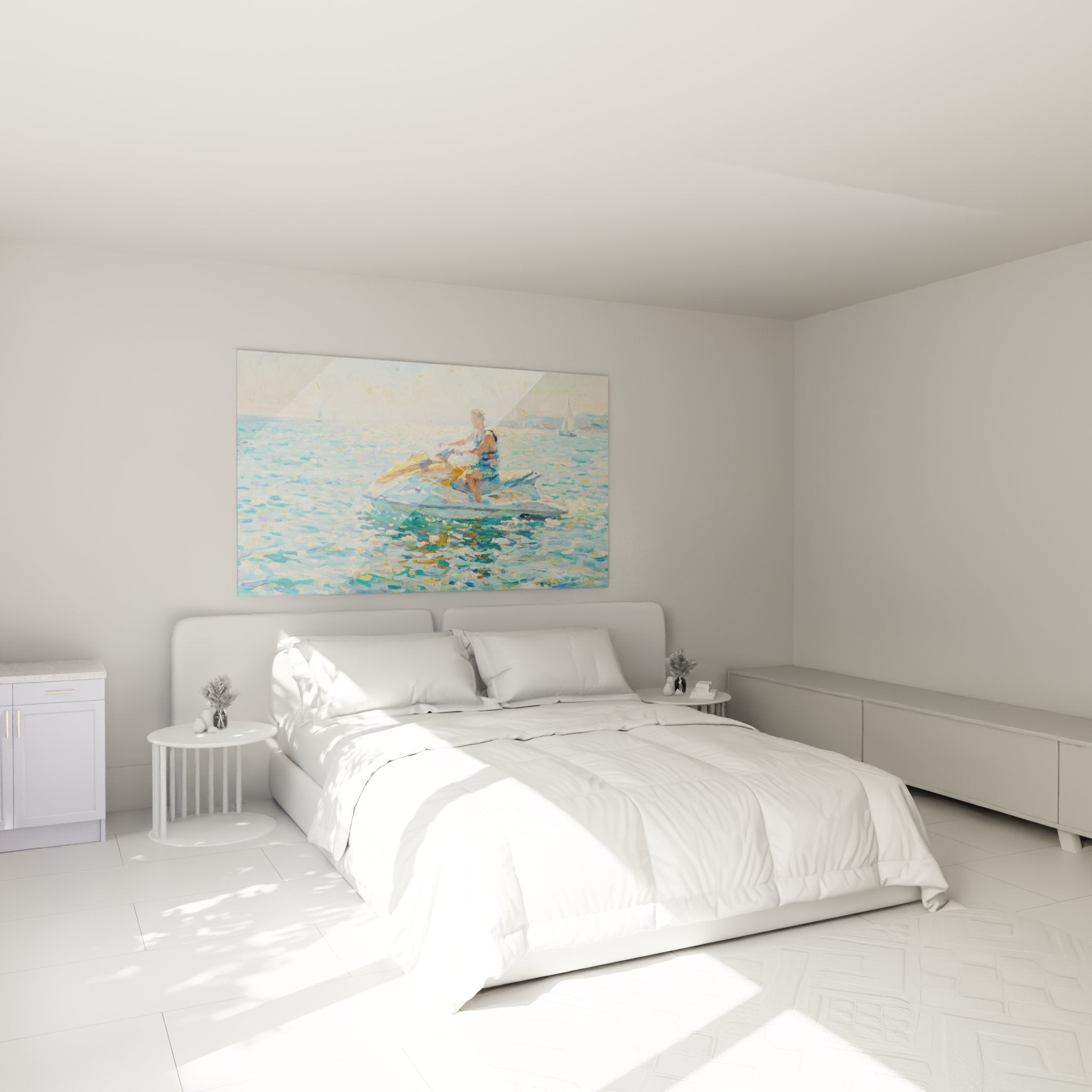 Decoration murale jetski impressionniste dans chambre moderne avec ambiance maritime et couleurs ocean