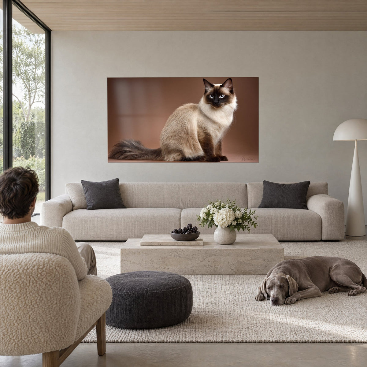 Tableau chat Balinais assis aux yeux bleus, pelage crème et masque chocolat sur fond brun cuivré, au-dessus d'un canapé dans un salon lumineux