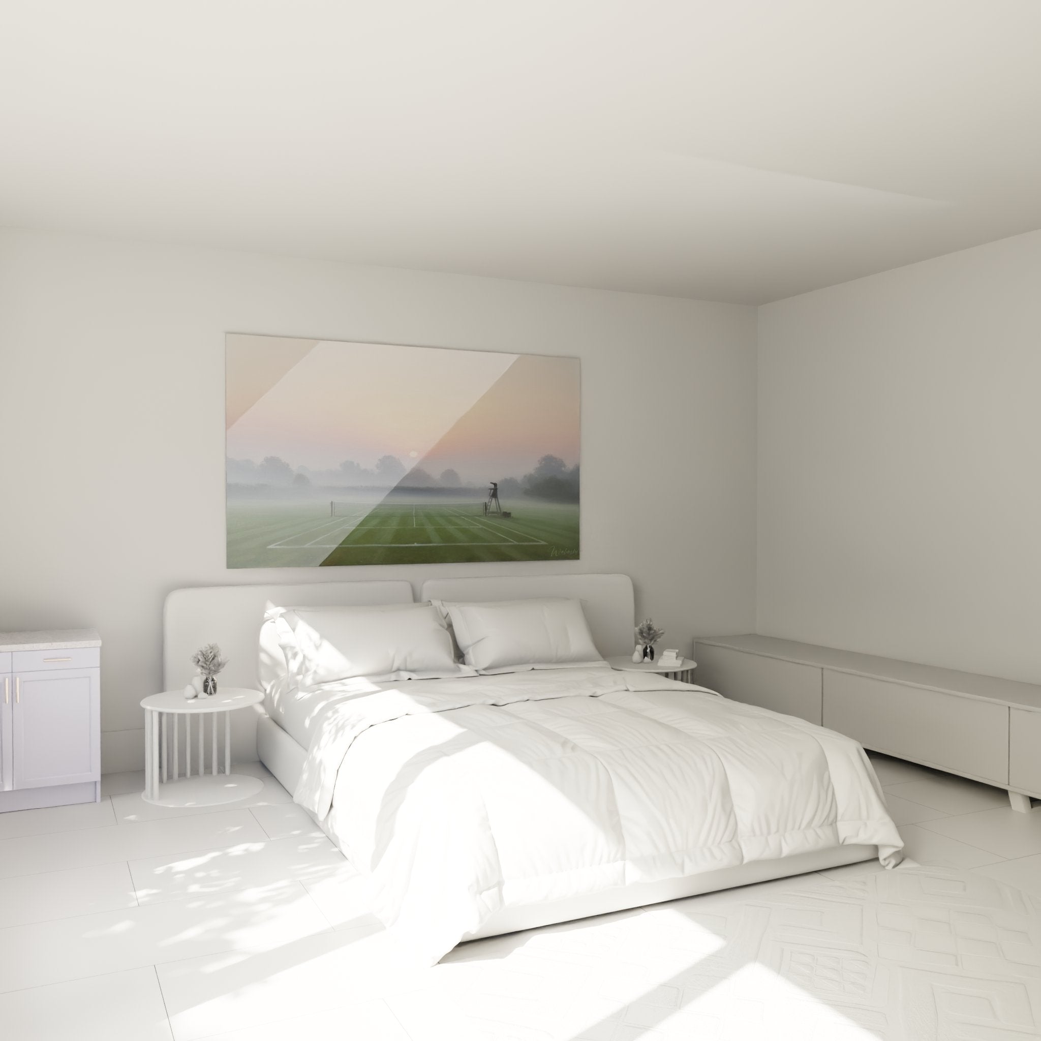 Decoration murale tennis dans chambre moderne avec tableau court brumeux lever soleil ambiance zen