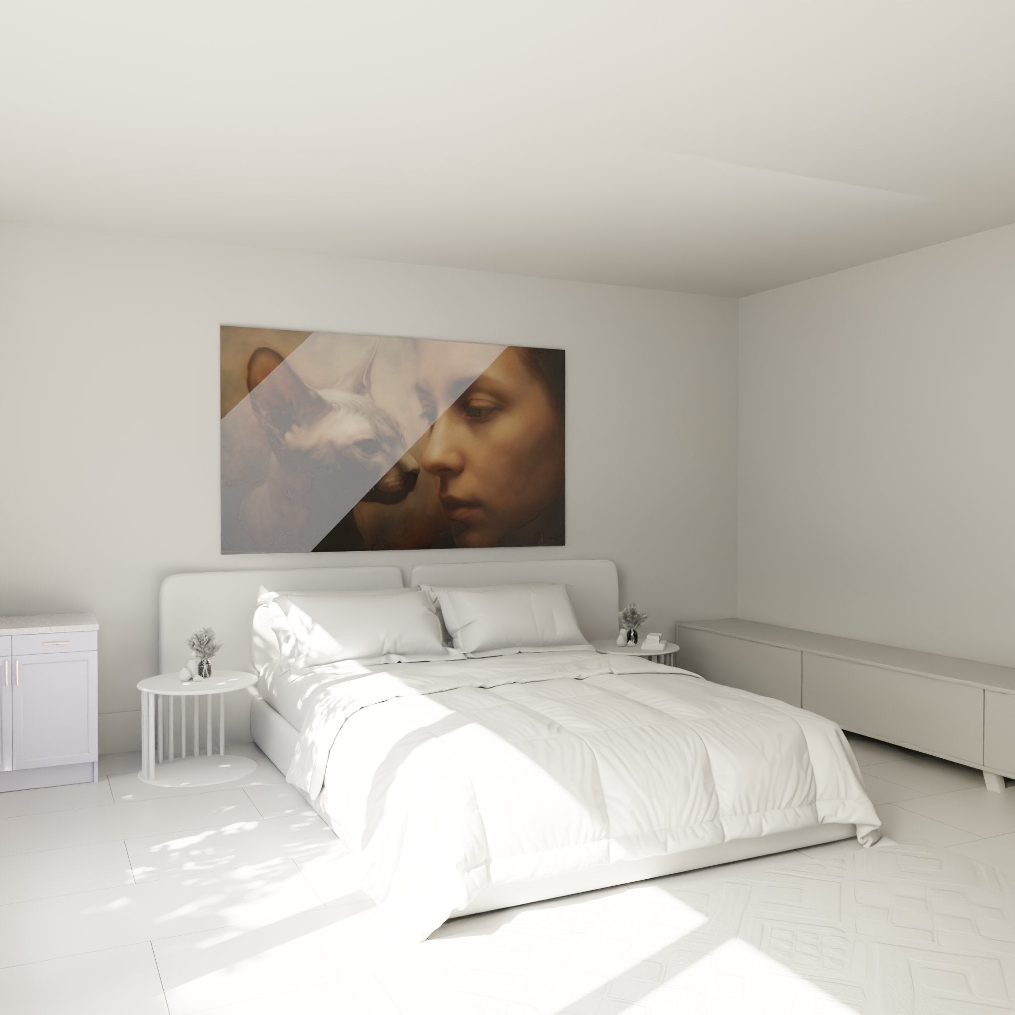 Decoration chambre avec tableau portrait femme chat Peterbald aux tons ocre et dores ambiance intimiste