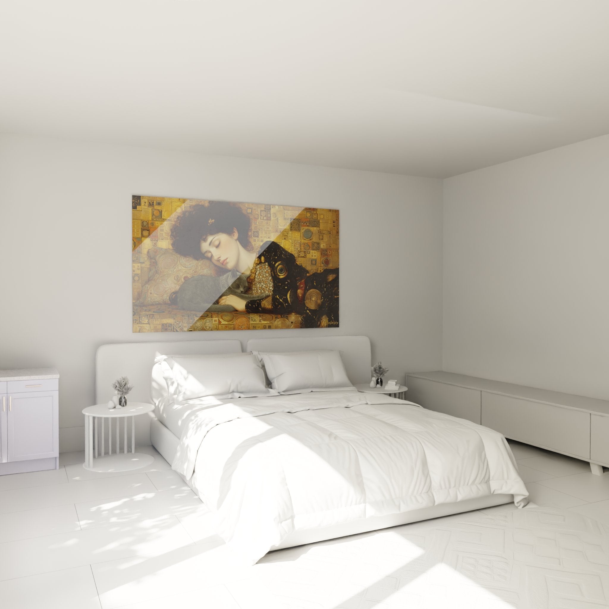 Tableau femme au chat art deco dans chambre moderne decoration murale doree ambiance intimiste