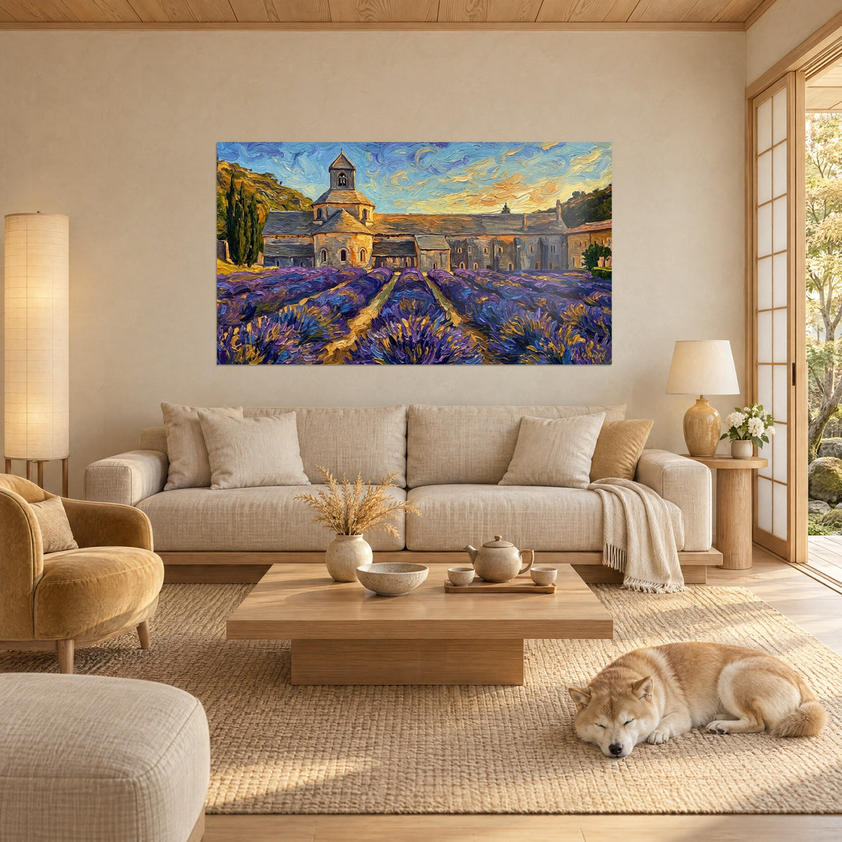 Schilderij Romaanse abdij van Sénanque, paarse lavendel en gouden lucht, slapende Shiba boven een bank in een lichte woonkamer