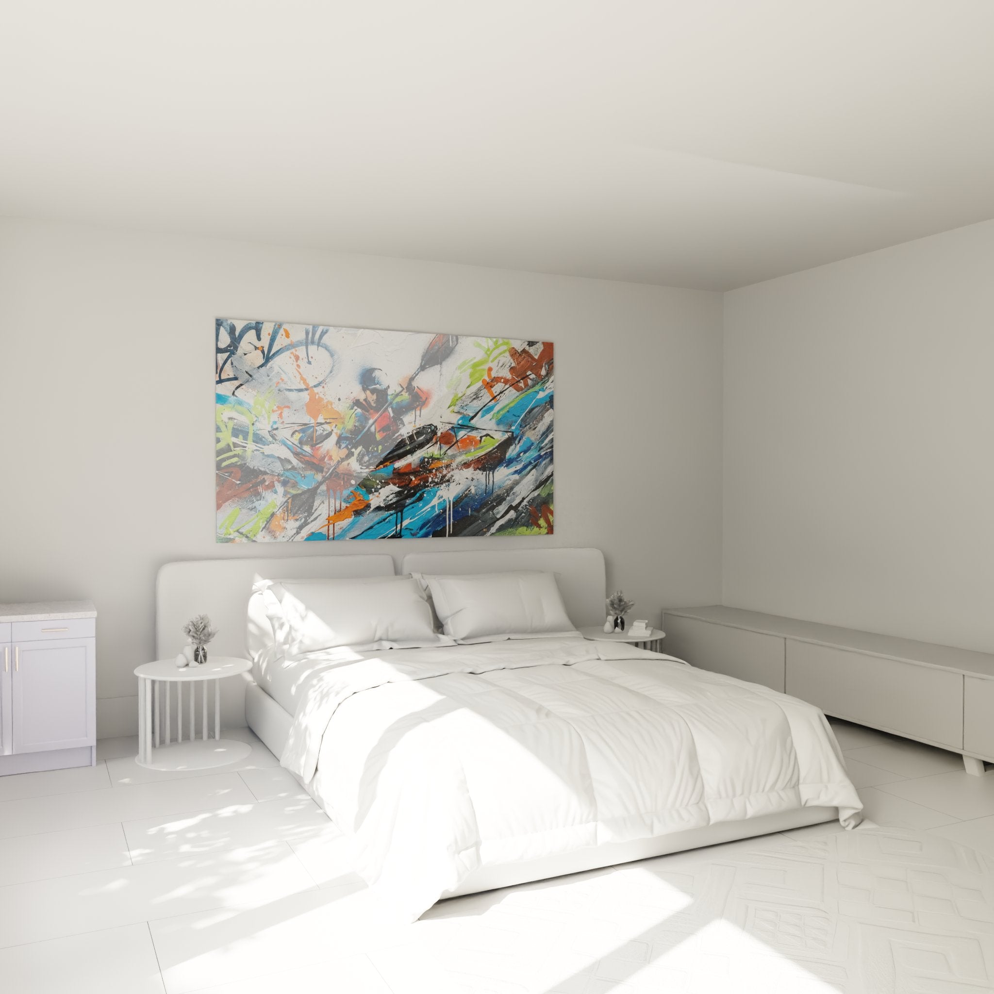 Tableau kayak abstrait dans chambre moderne, decoration murale coloree style contemporain