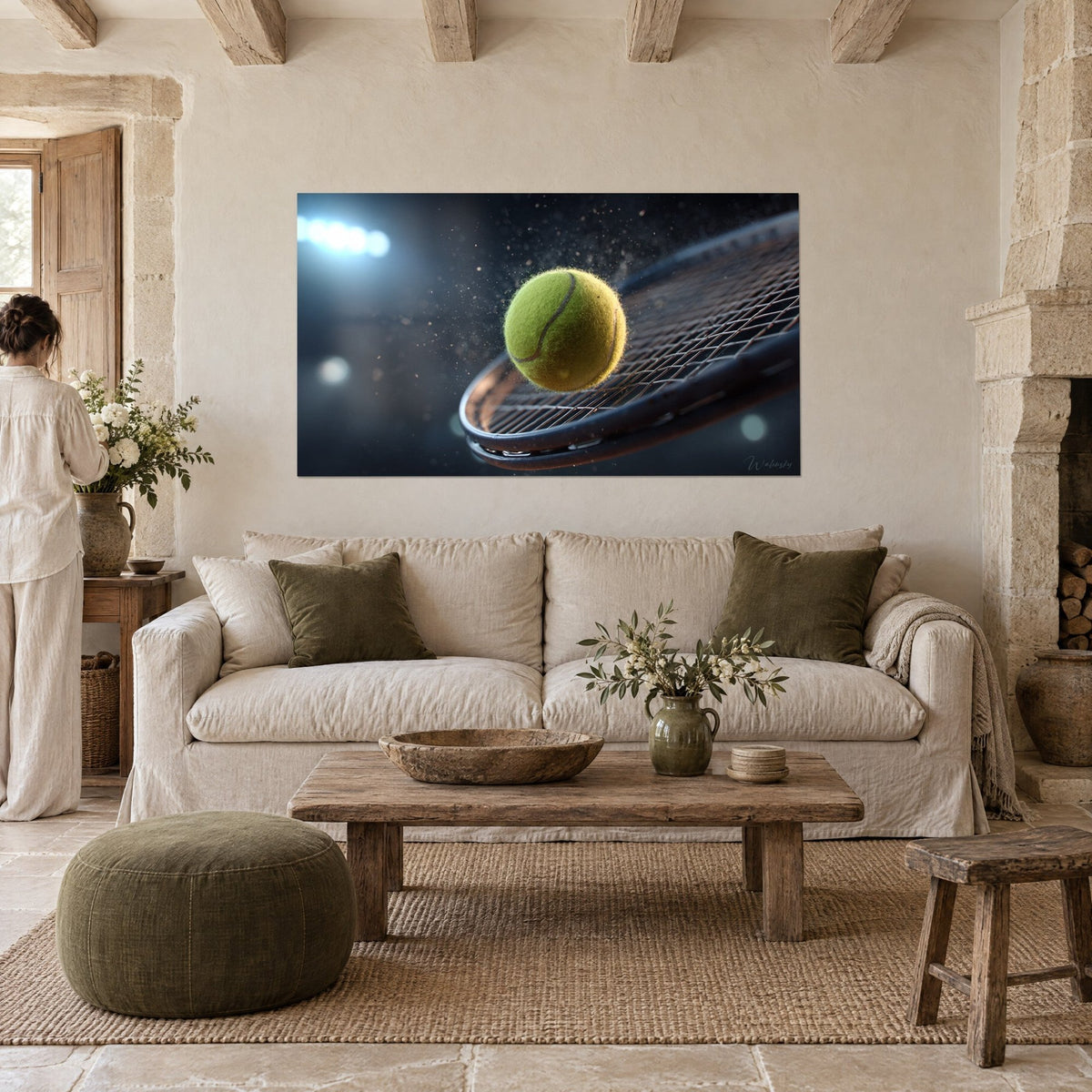 Tableau balle de tennis jaune citron fendant l'air, cordage cuivré et poussière d'étoiles sur fond bleu nuit, au-dessus d'un canapé dans un salon lumineux
