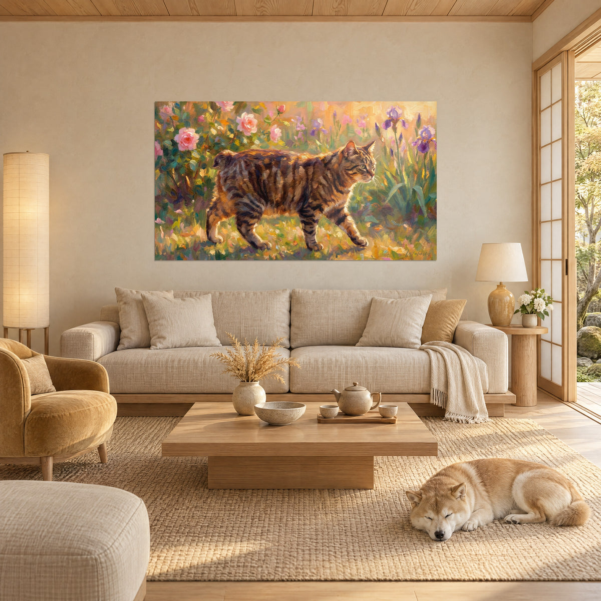 Tableau chat Manx tigré brun et ambre marchant parmi roses rosées et iris violets, Shiba endormi, au-dessus d'un canapé dans un salon lumineux