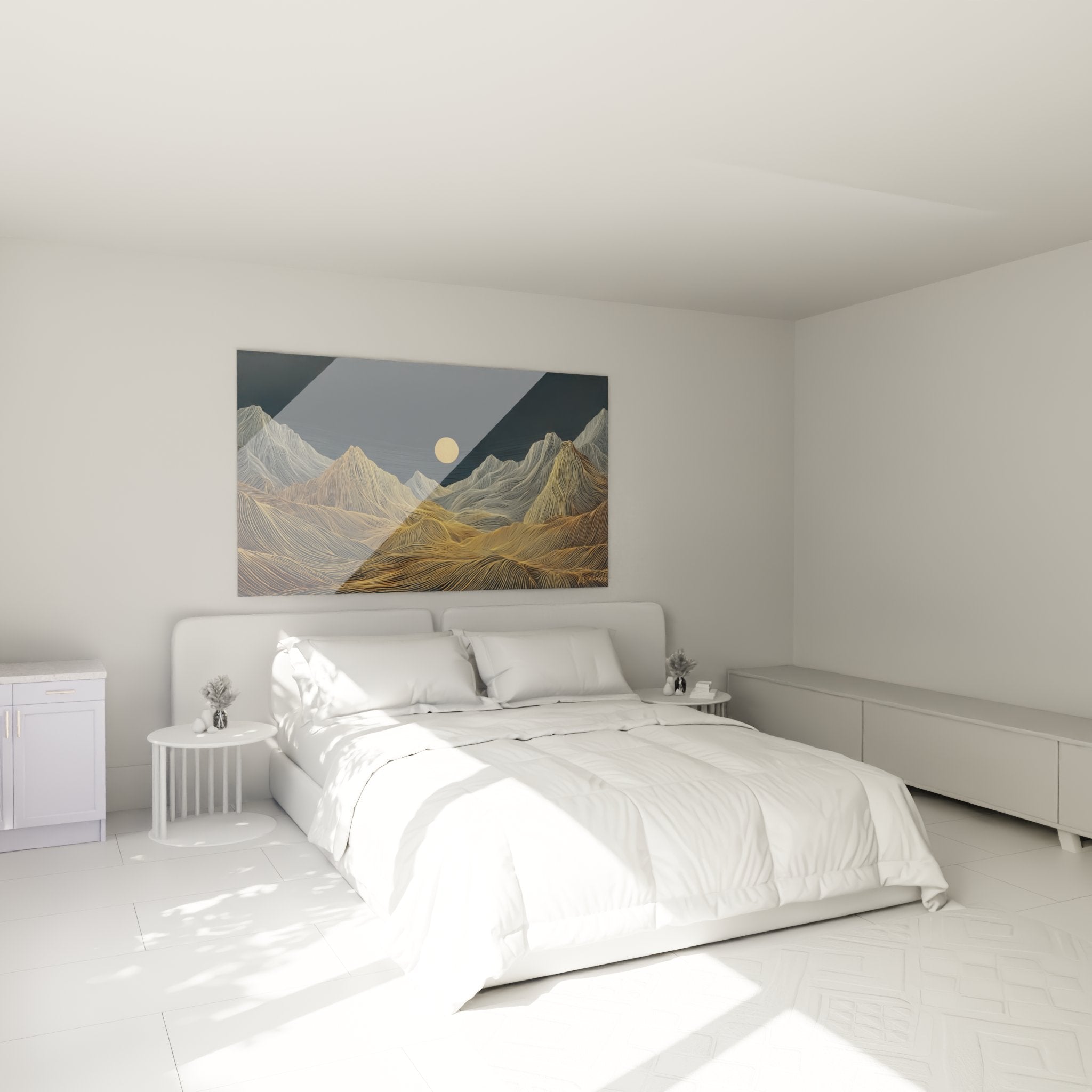 Tableau montagne art deco dore accroche au mur d'une chambre moderne avec decoration contemporaine