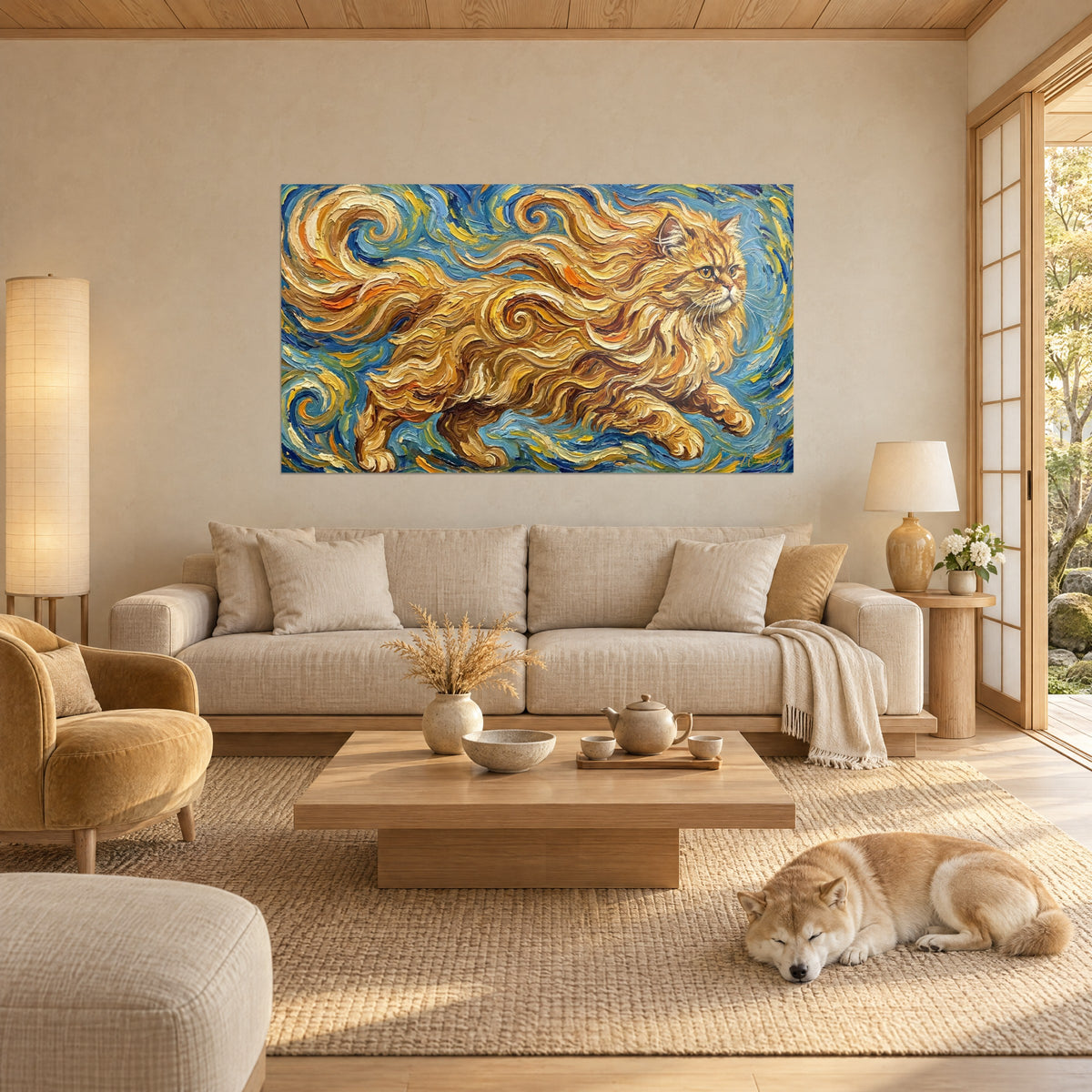 Quadro gatto persiano rosso in piena corsa, pennellate ocra e blu cobalto, uno Shiba sdraiato su un divano in un soggiorno luminoso