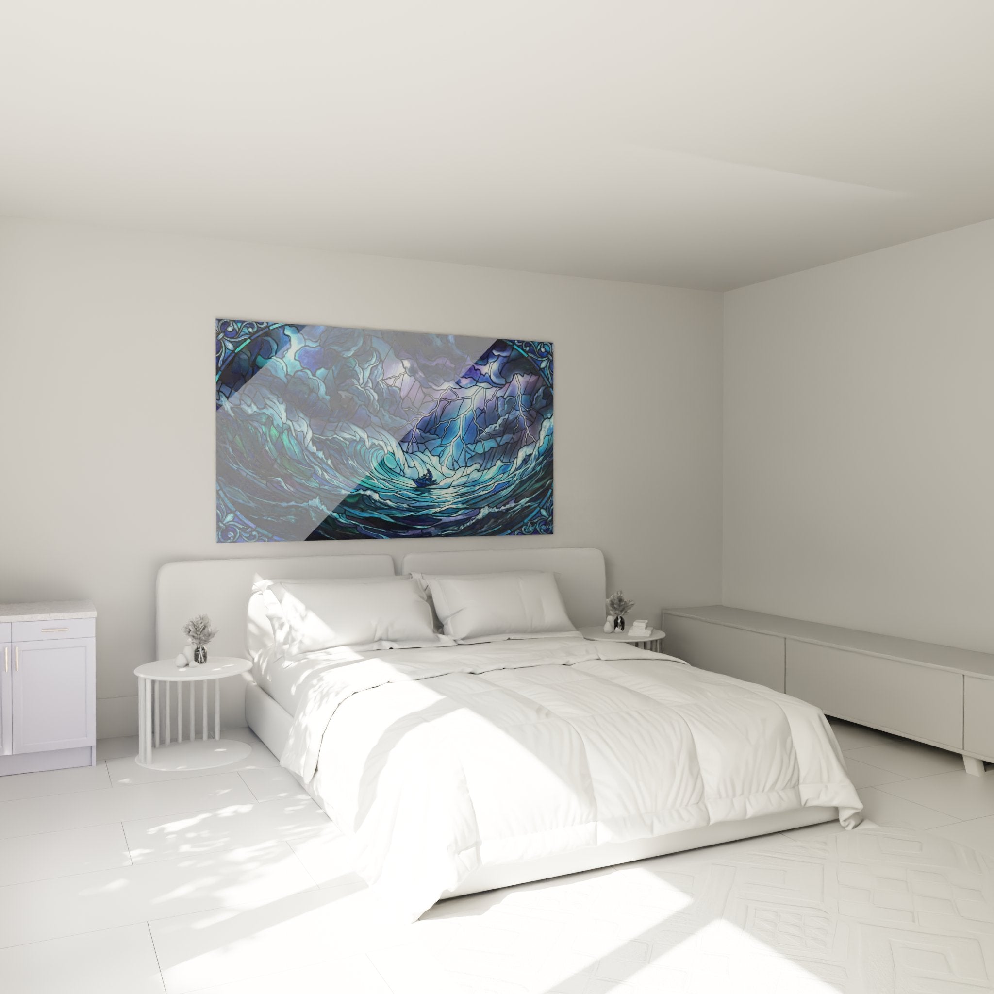 Décoration murale tempête océanique dans chambre moderne avec vagues artistiques bleues