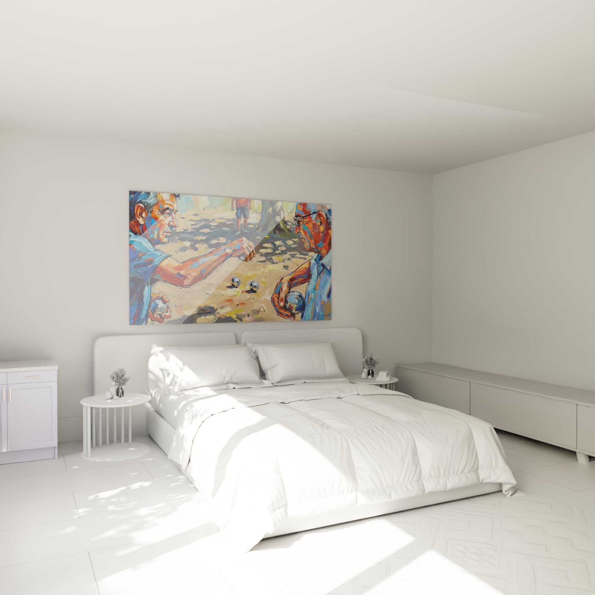 Décoration murale pétanque provençale dans chambre, ambiance Côte d'Azur, art méditerranéen