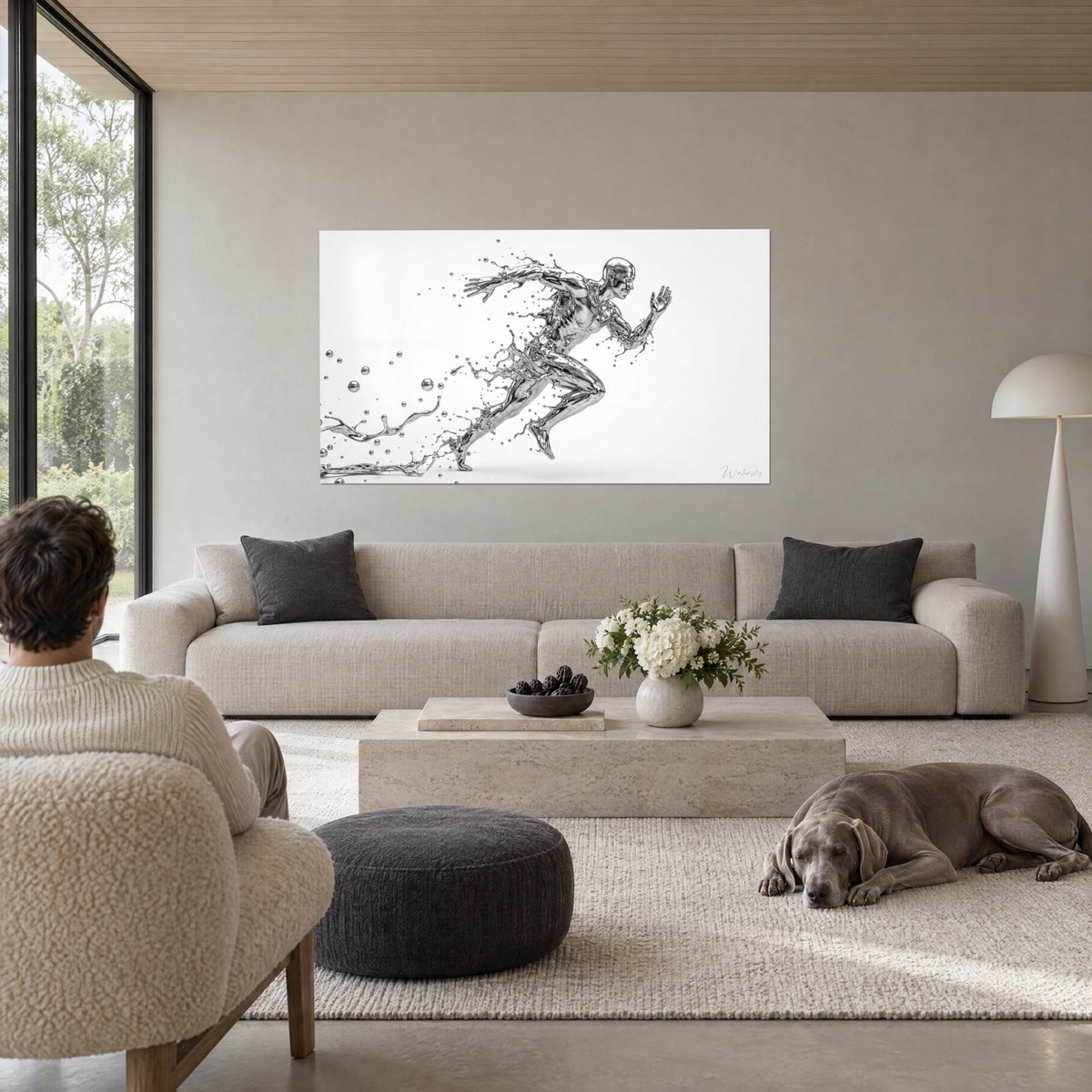 Wall art chrome sprinter bursting with silver splashes on a white background, above a sofa in a bright living room