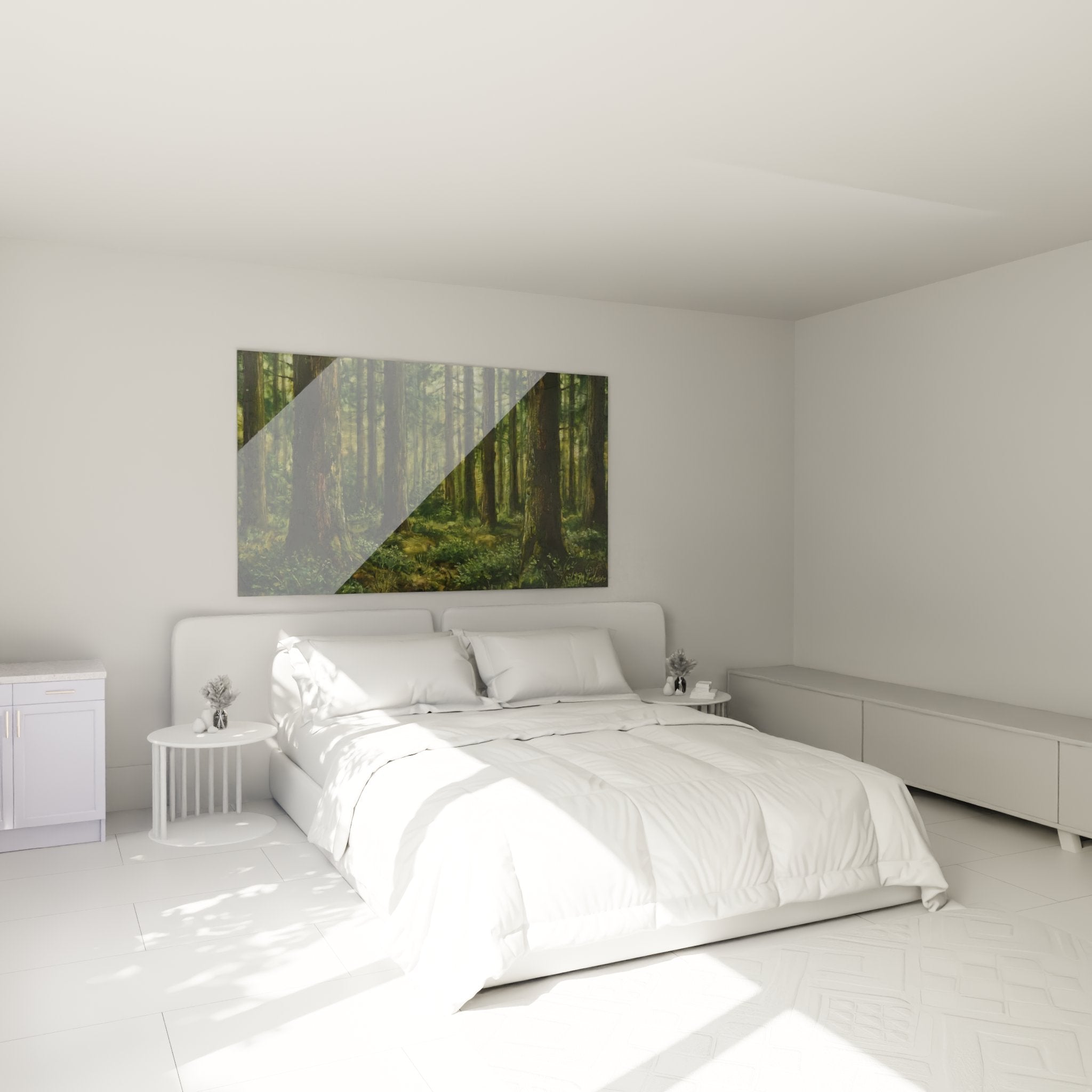 Tableau foret vosgienne accroche dans chambre moderne creant ambiance naturelle apaisante