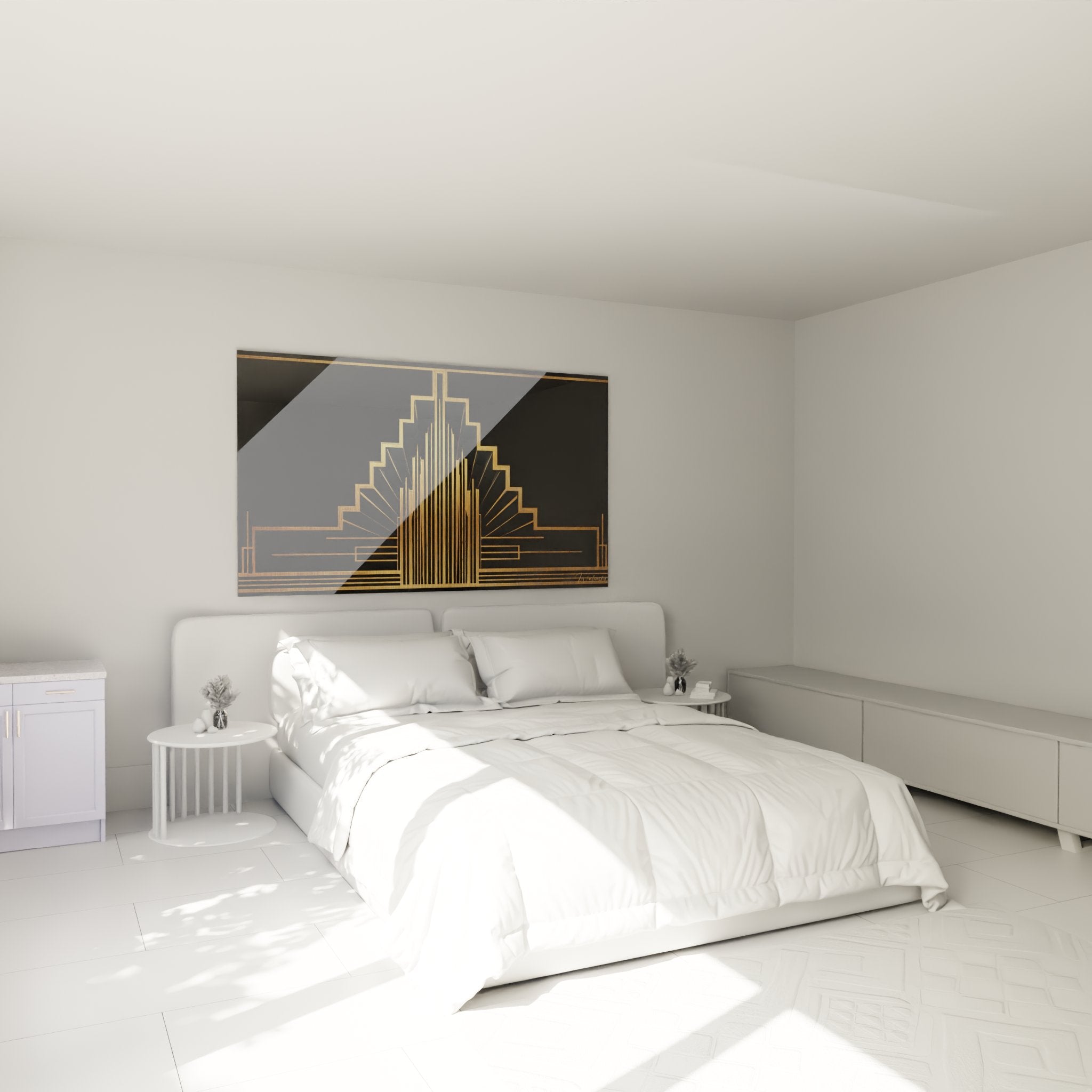 Decoration murale art deco doree dans chambre moderne avec motifs architecturaux geometriques elegants