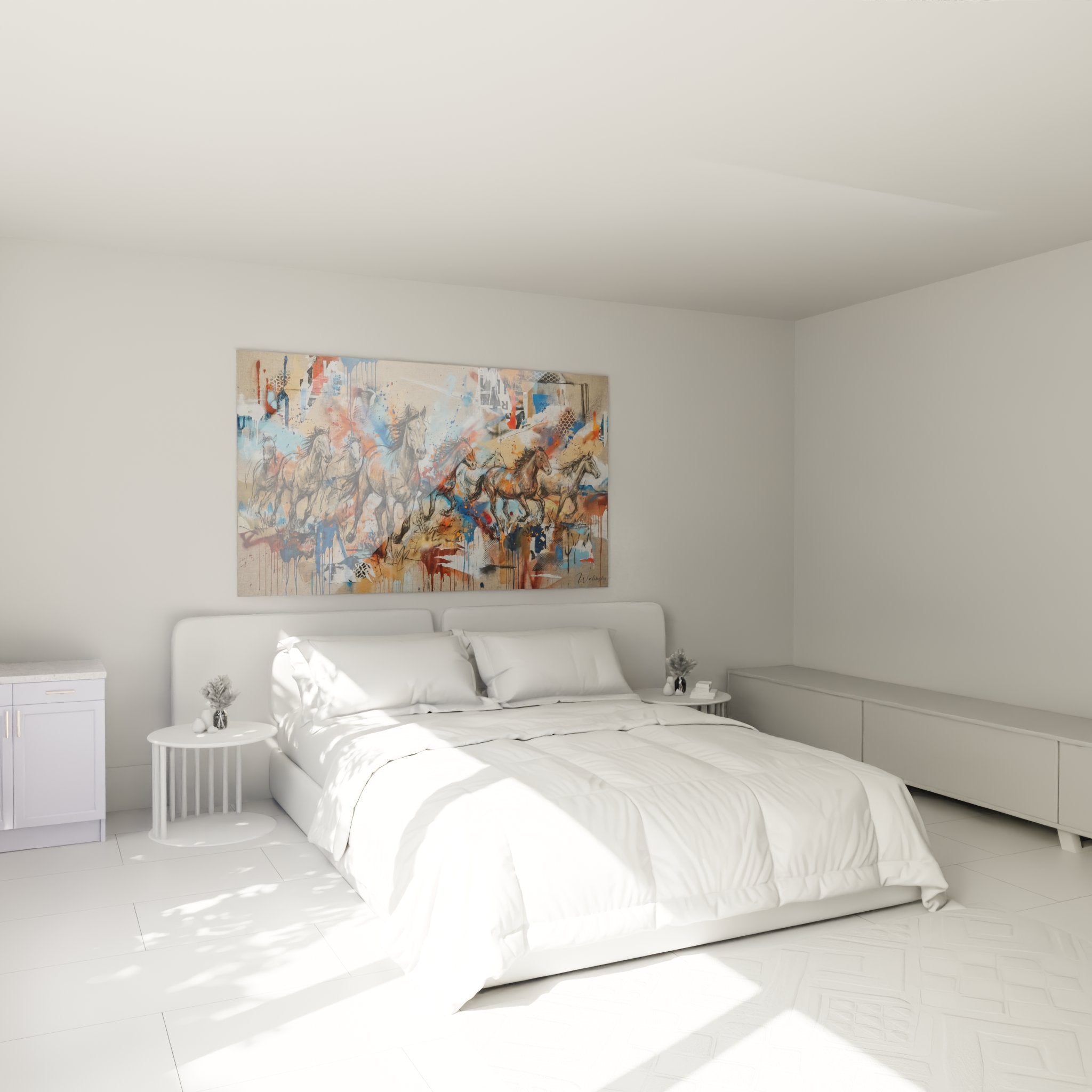 Decoration murale chambre avec tableau chevaux abstraits, ambiance moderne et dynamique