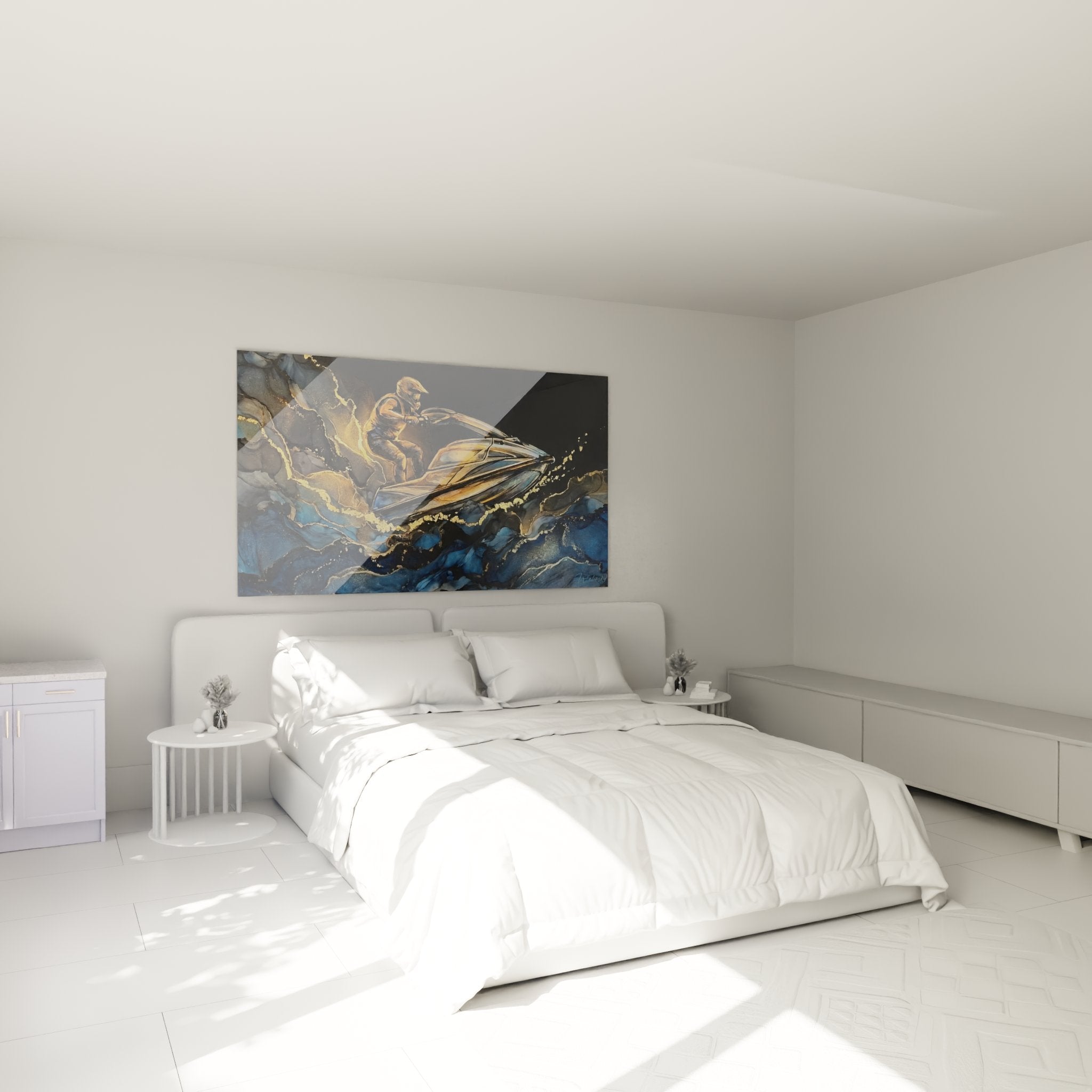 Décoration murale jetski vagues dorées dans chambre moderne ambiance nautique