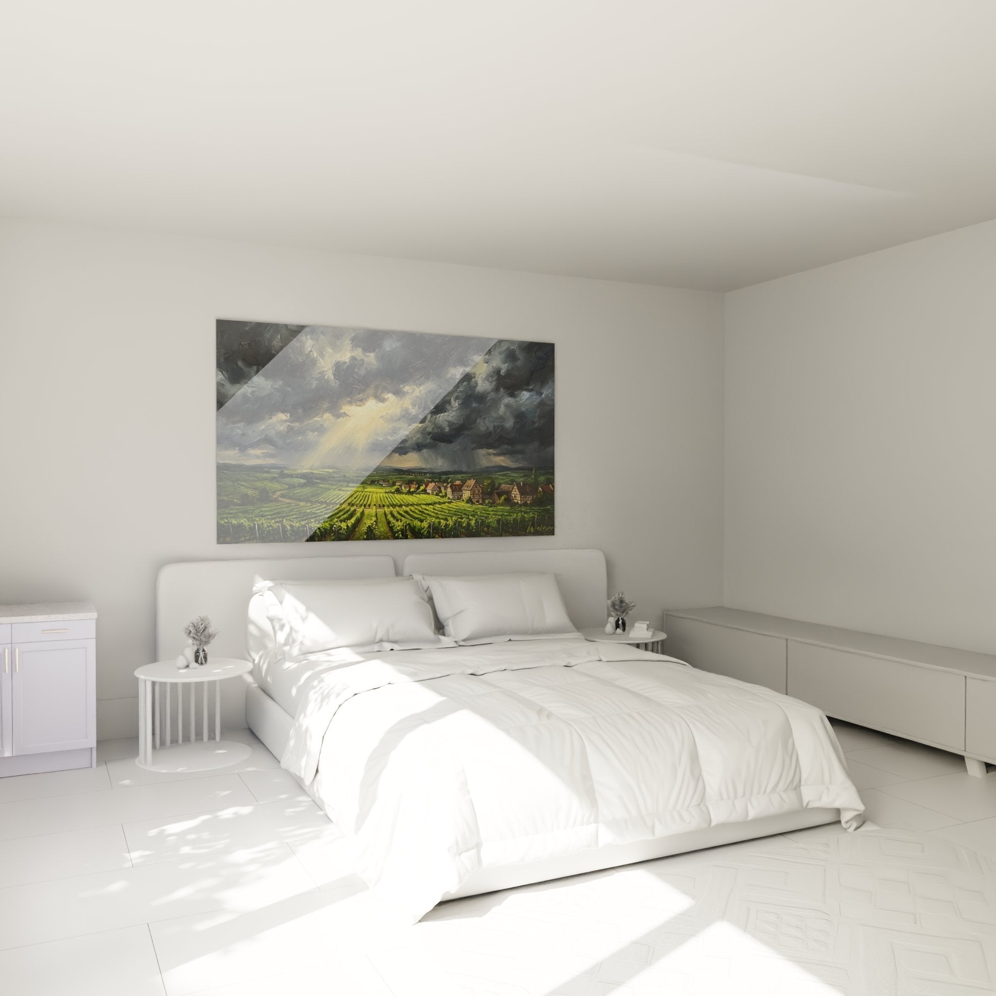 Decoration murale vignobles Alsace dans chambre moderne avec atmosphere romantique