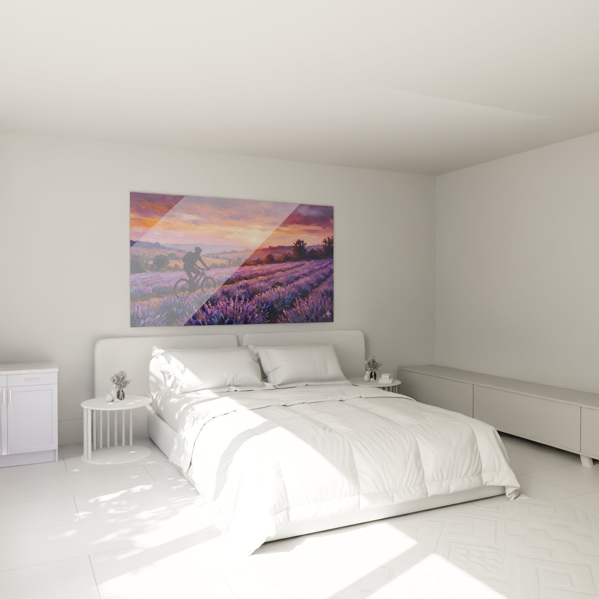 Tableau VTT lavandes coucher soleil décorant chambre, ambiance chaleureuse et sportive pour intérieur moderne