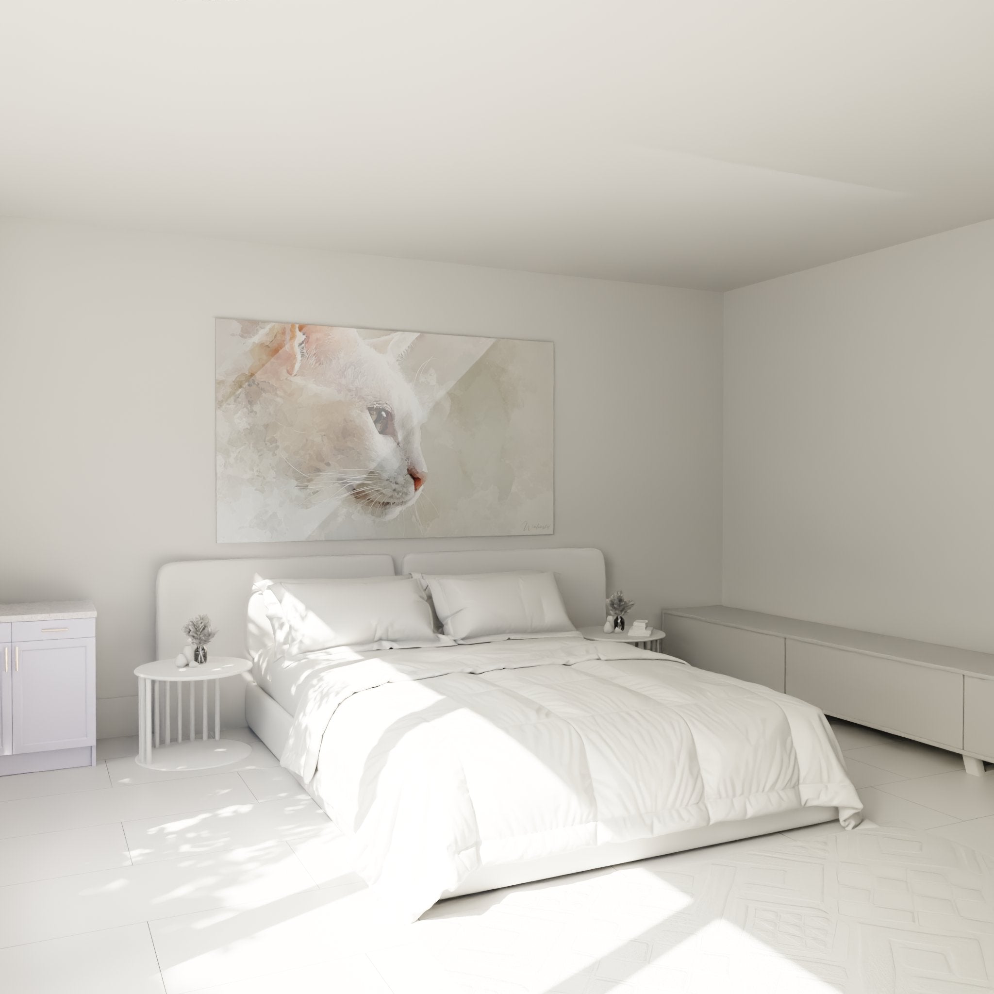 Décoration chambre avec tableau chat blanc aquarelle, ambiance douce et apaisante, art mural félin