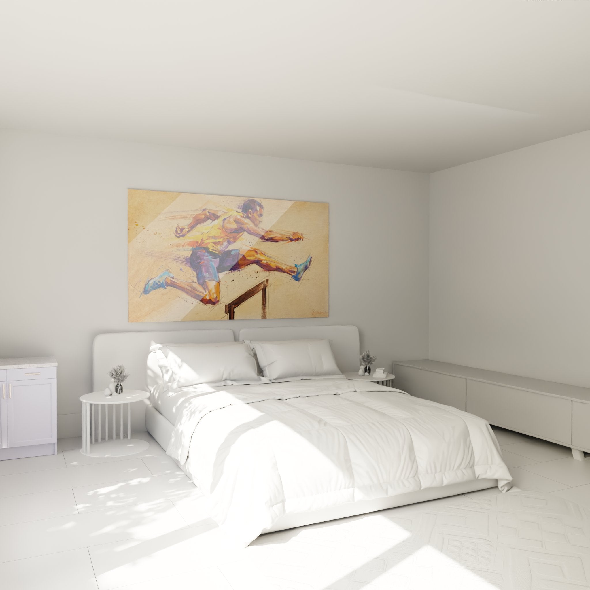Decoration murale athletisme avec tableau saut de haies aux tons chauds dans une chambre moderne et epuree