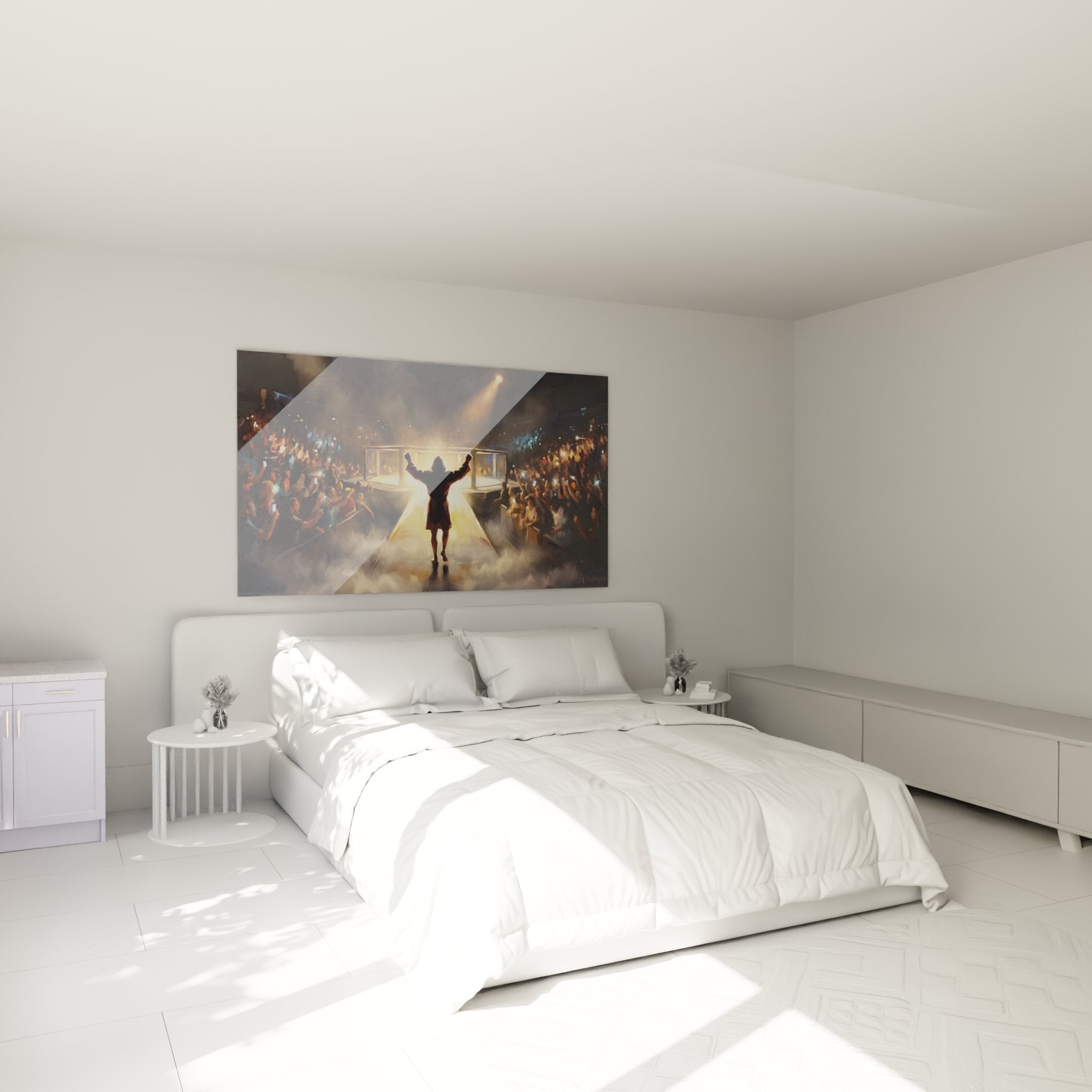 Tableau art MMA combat champion octogone decore chambre moderne avec eclairage dramatique