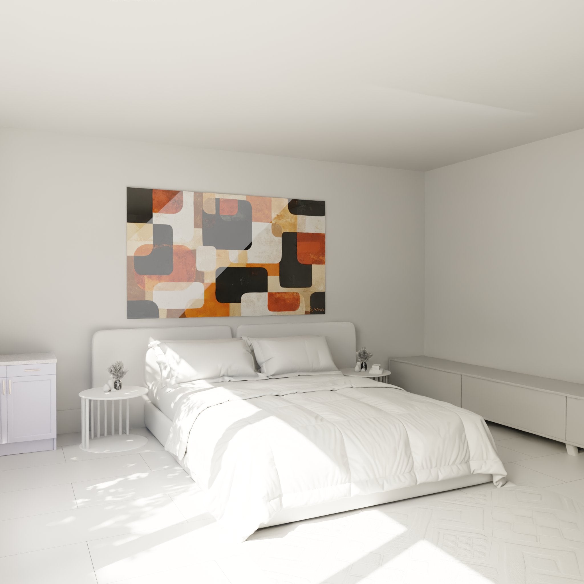 Decorazione murale camera da letto con quadro forme astratte toni terre stile africano moderno