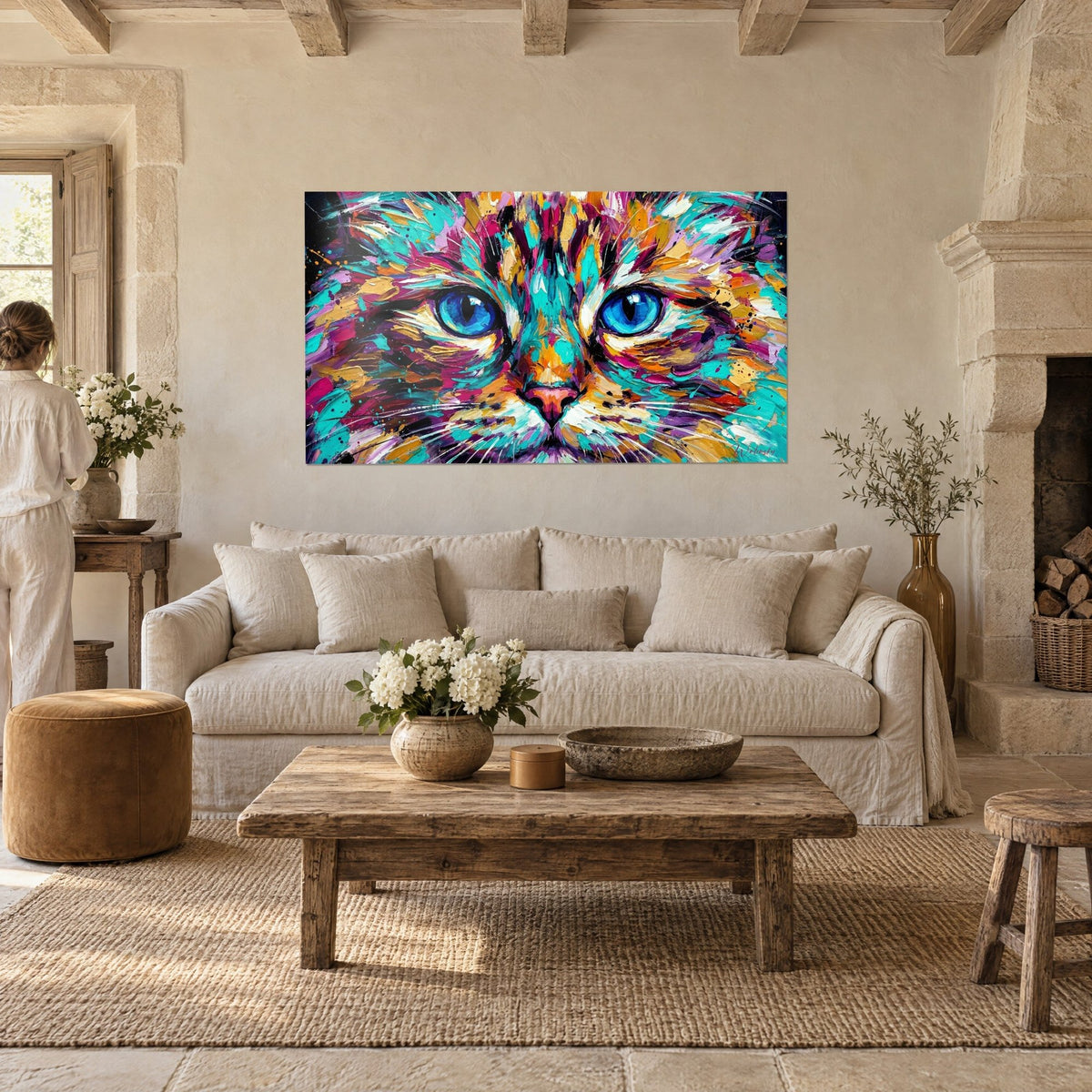 Gemälde Birmakatze mit blauen Augen, türkisfarbenes Fell, Magenta und Ocker, Person von hinten, über einem Sofa in einem hellen Wohnzimmer