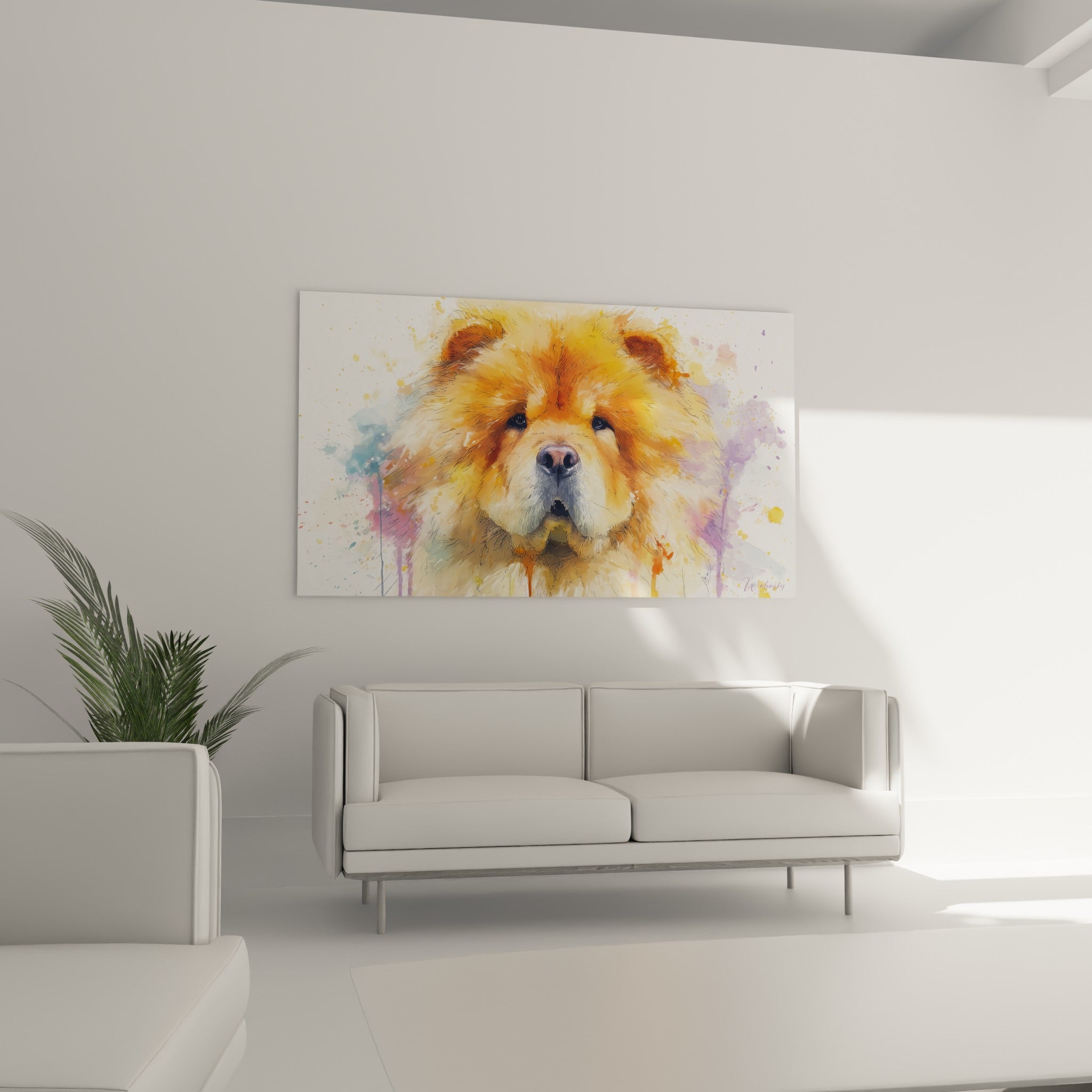 Tableau portrait aquarelle fauve à la fourrure ébouriffée face caméra - Regard Cuivré - Edition Chow Chow