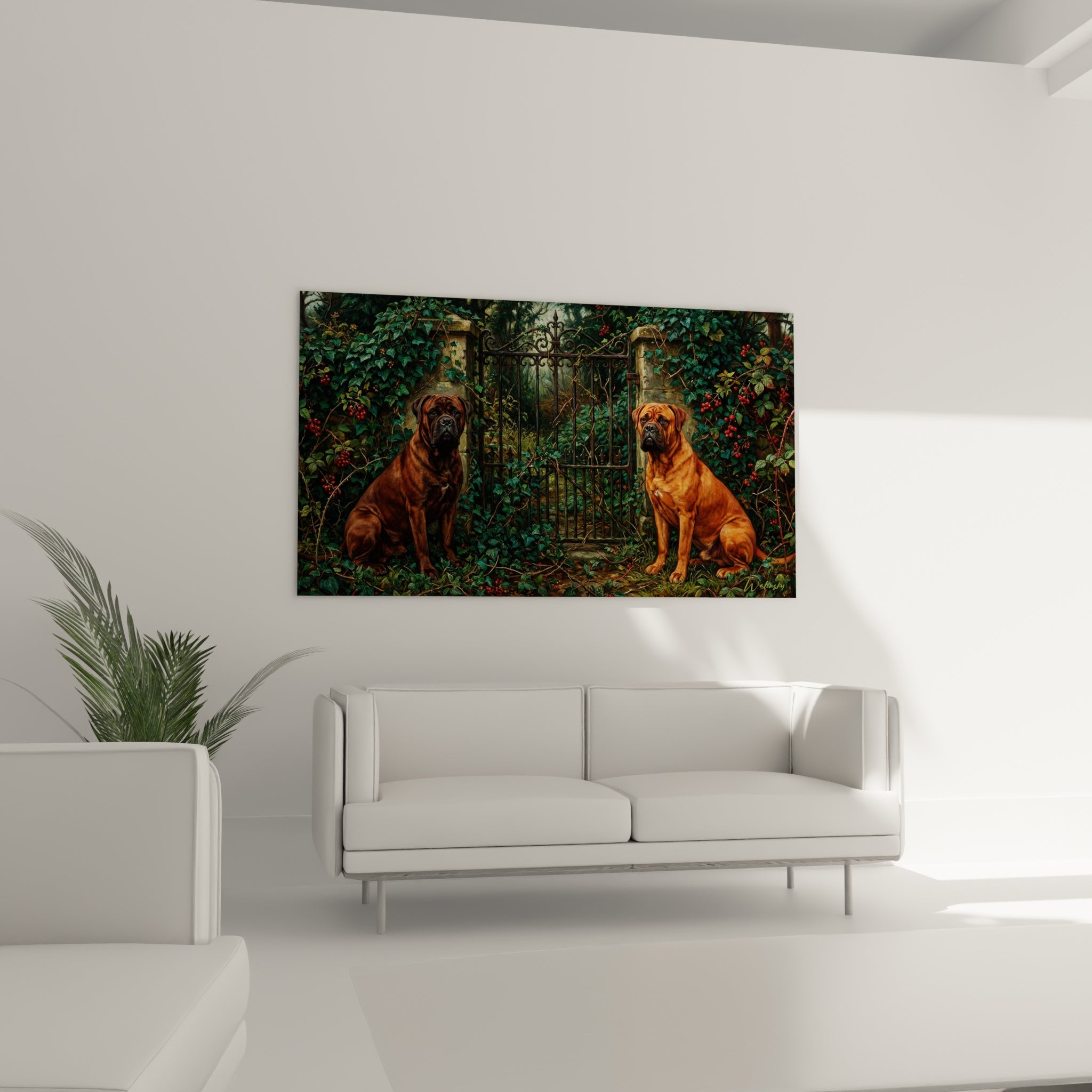 Bullmastiffs painting detail noble expressions fawn coats realistic texture golden light