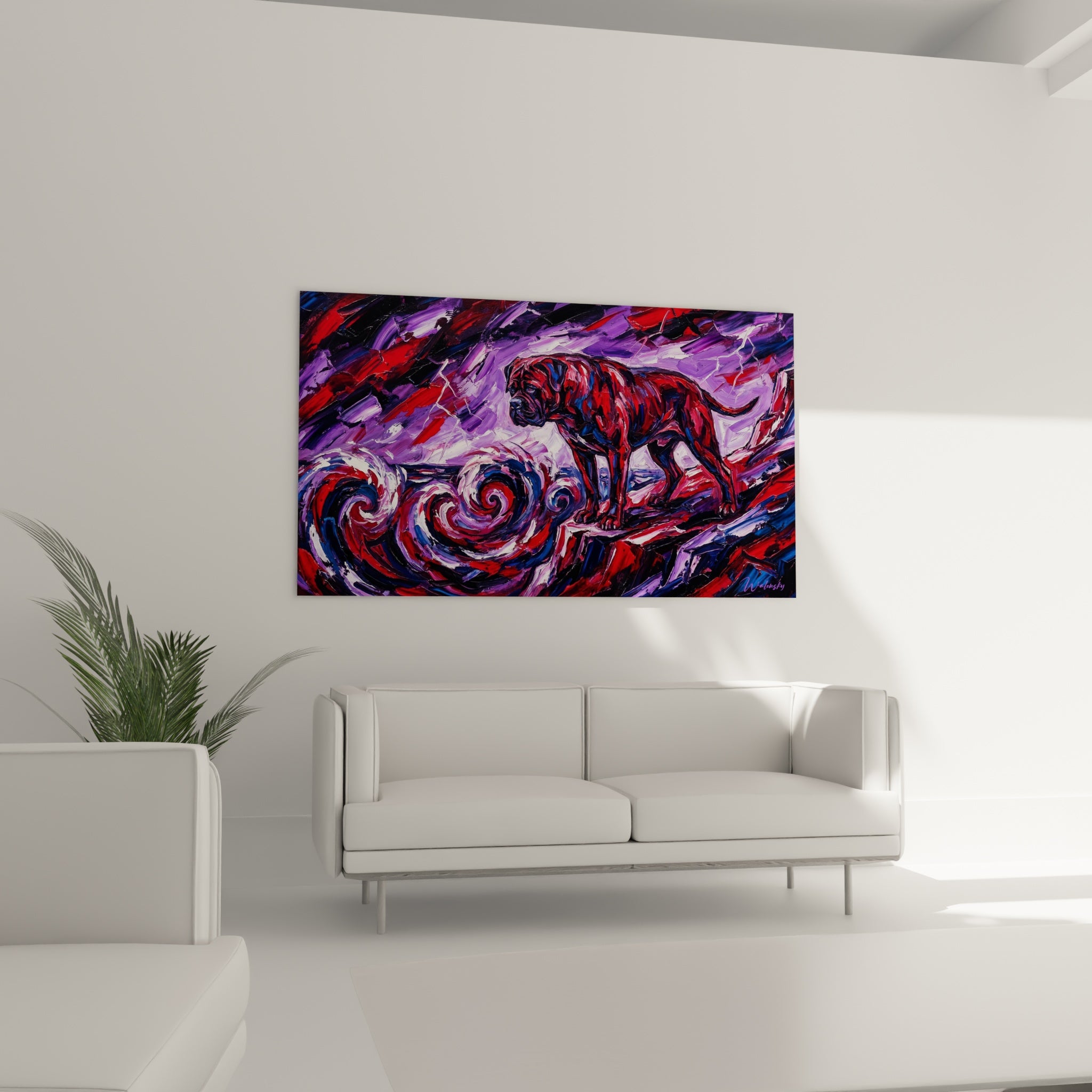 Detail peinture Bullmastiff expressionniste empâtements rouge bordeaux violet texture artistique