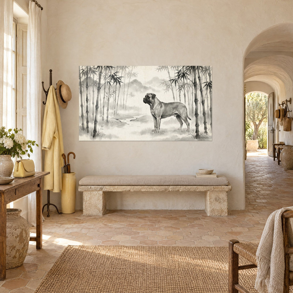 Wall art massive mastiff in grey wash on a cream background, black bamboo and mist, pale mountains, hung on a beige wall beside a stone bench