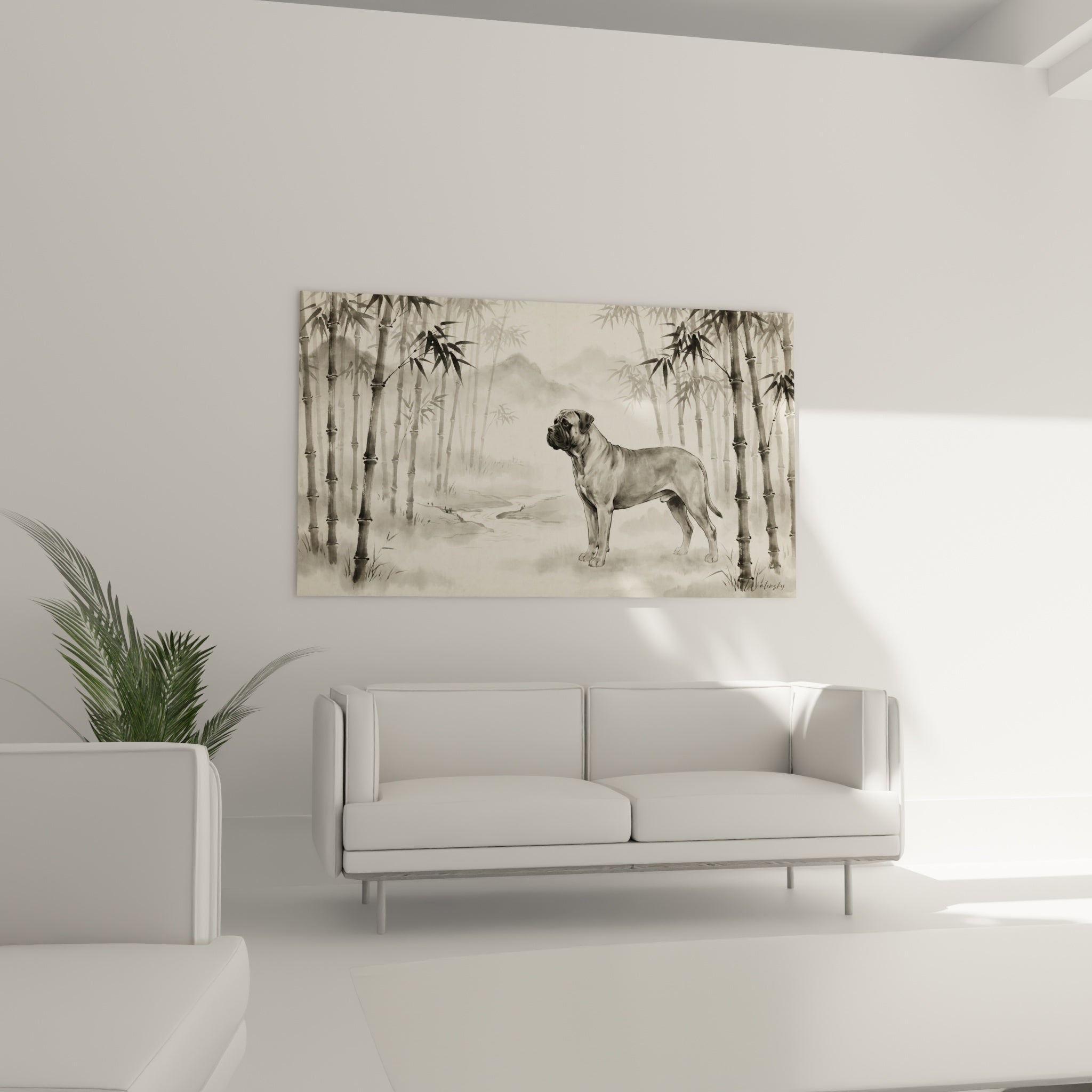 Détail tableau Bullmastiff forêt bambous tons gris peinture style oriental