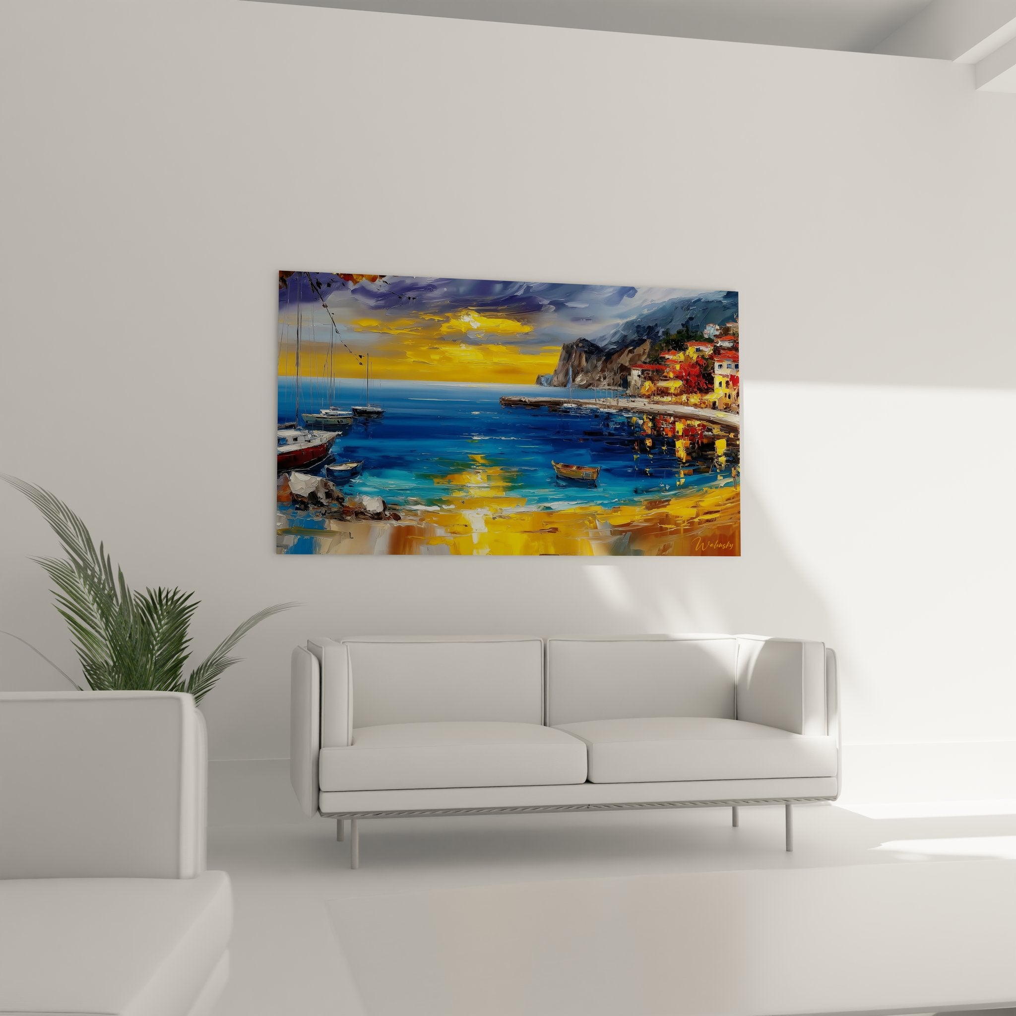 Tableau Port méditerranéen au coucher de soleil - Marina dorée - édition Plage