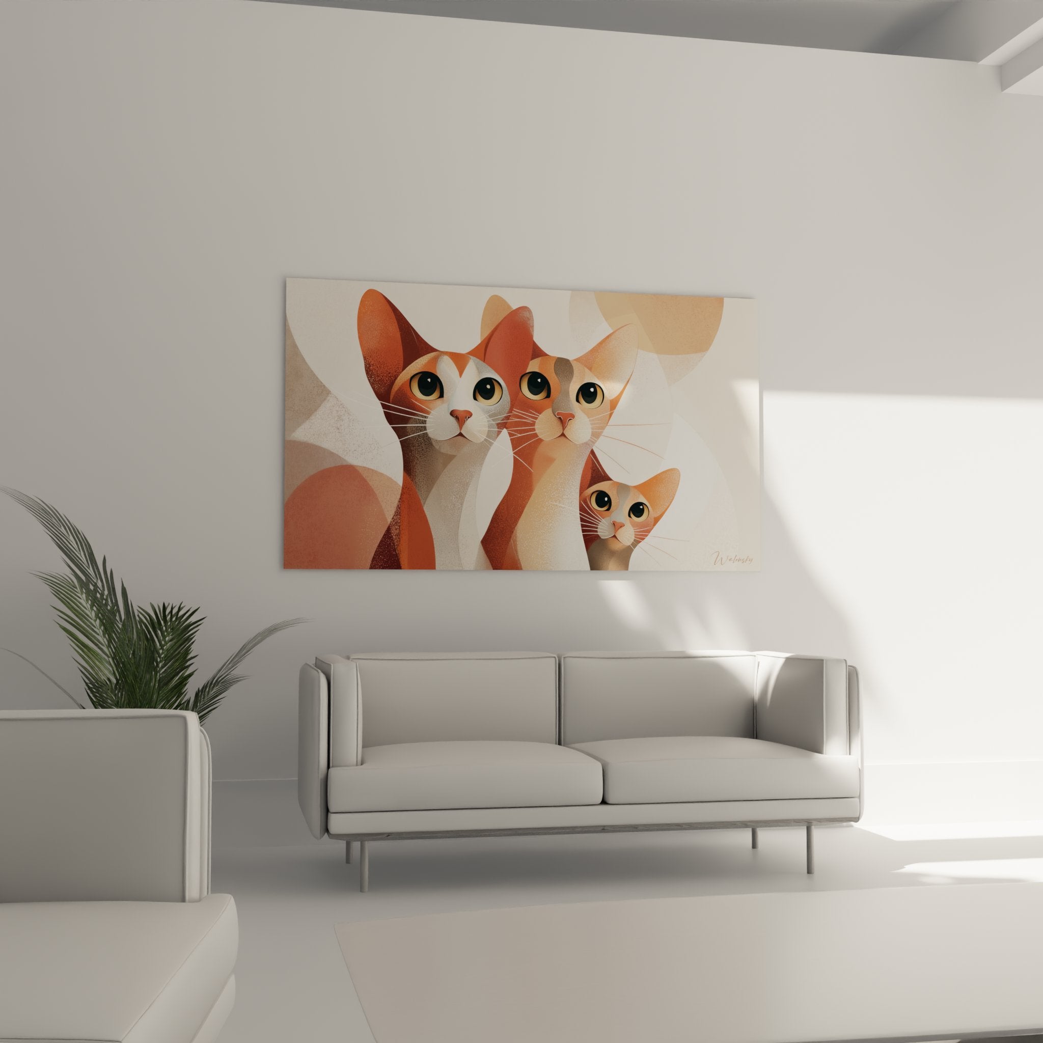 Détail du tableau montrant les grands yeux expressifs et les traits caractéristiques des chats Singapura en style abstrait