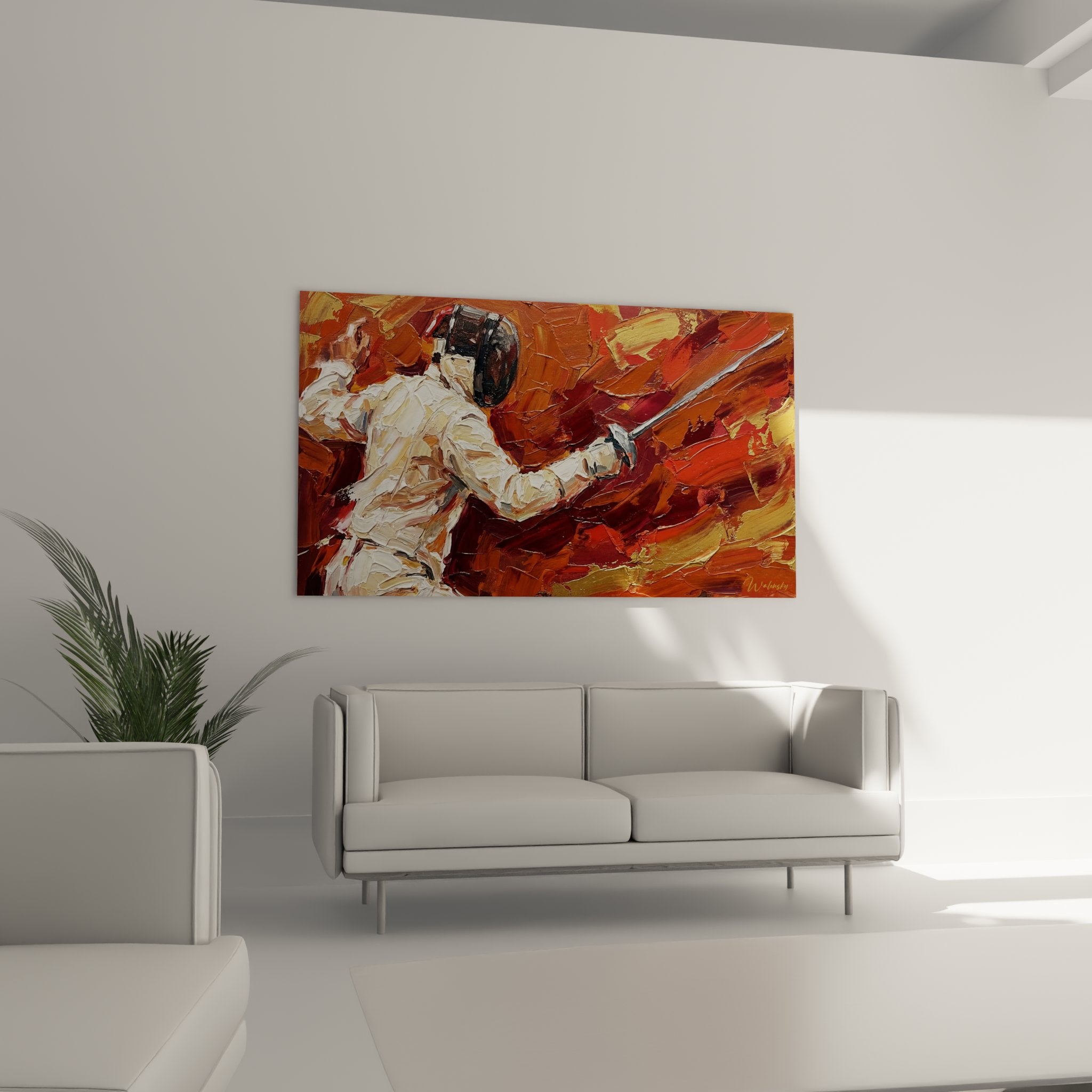 Detail of fencer painting with mask and sword, impasto technique with vibrant colors red orange gold
