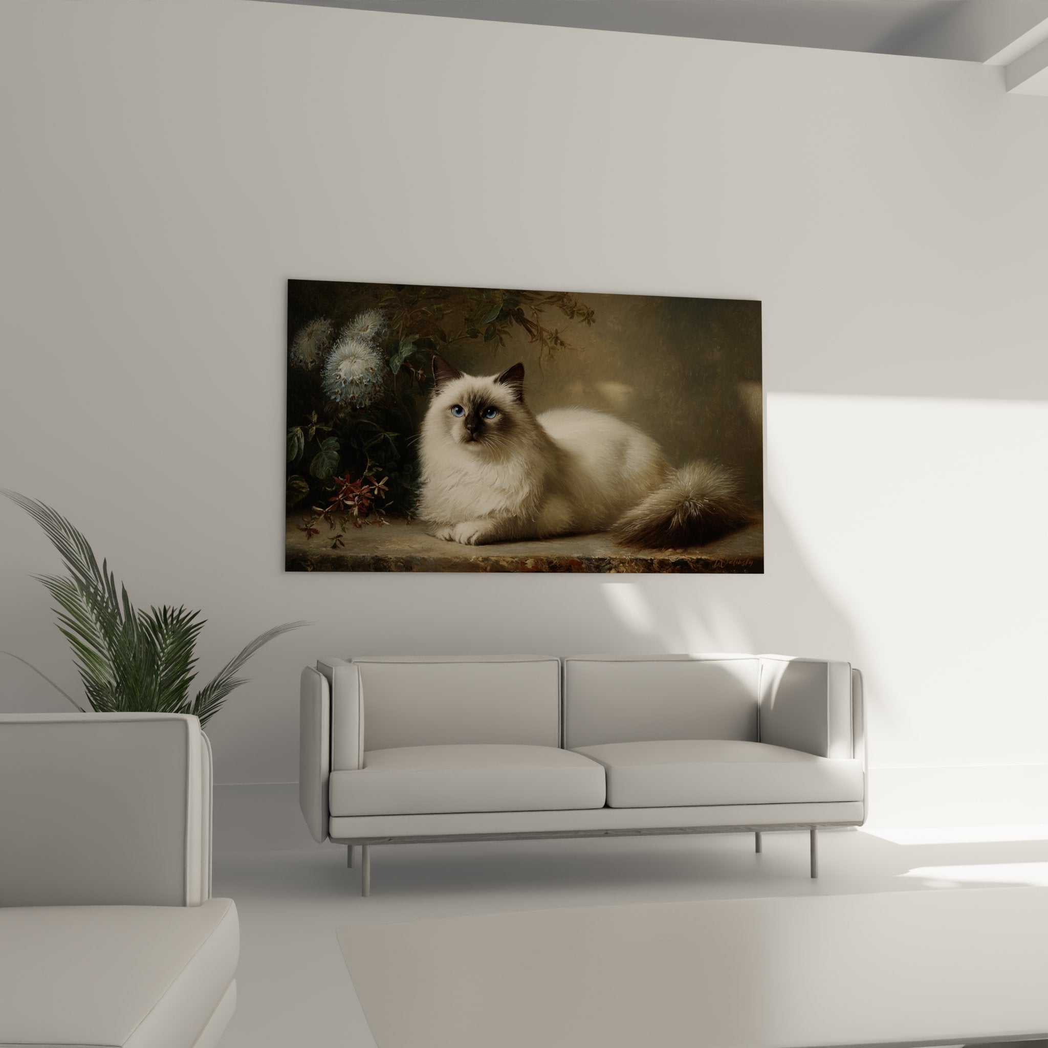 Primo piano ritratto gatto birmano occhi blu affascinanti mantello crema e punti colorati stile pittura realistica