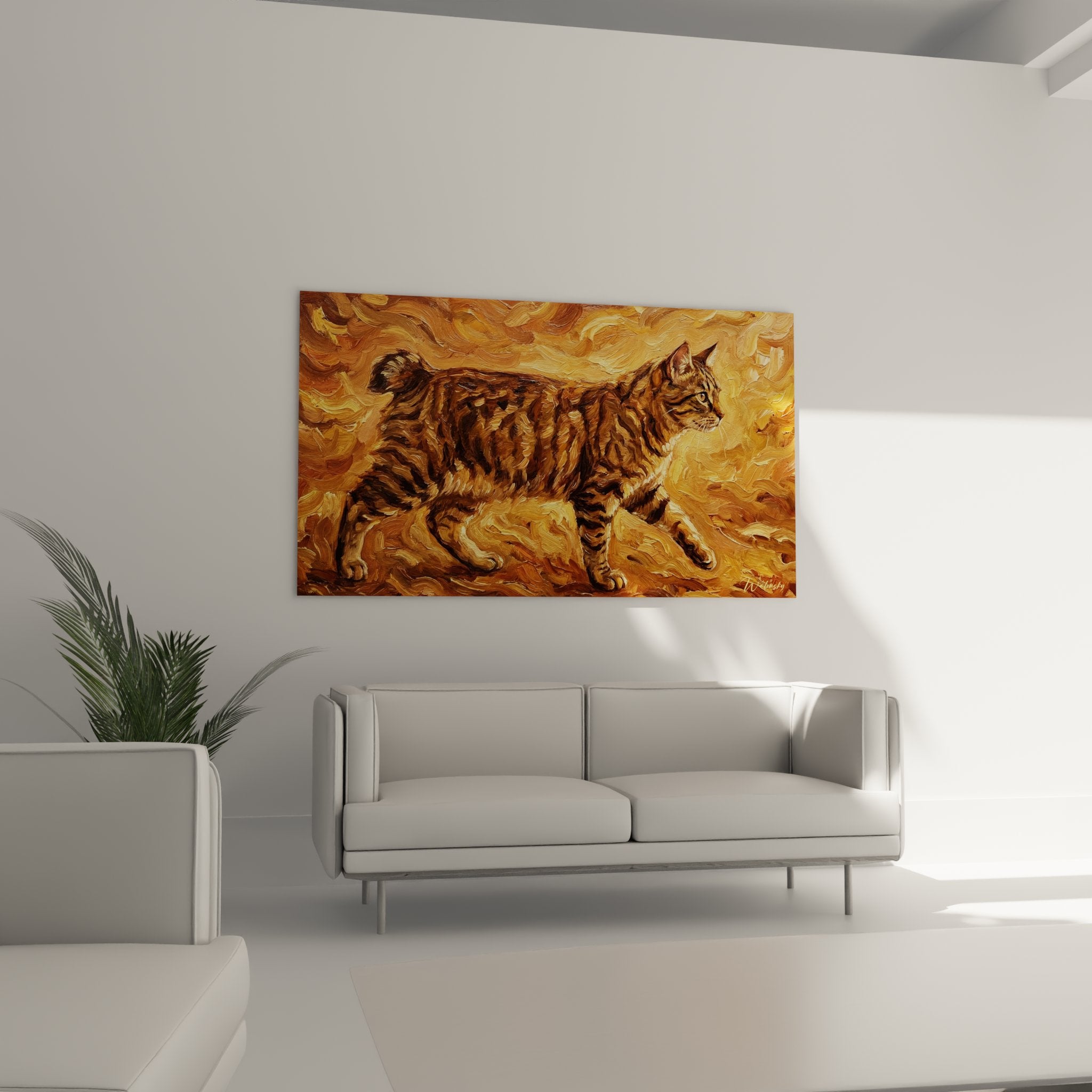 Détail rapproché tableau American Bobtail tigré, texture peinture dorée et motifs pelage chat artistique qualité