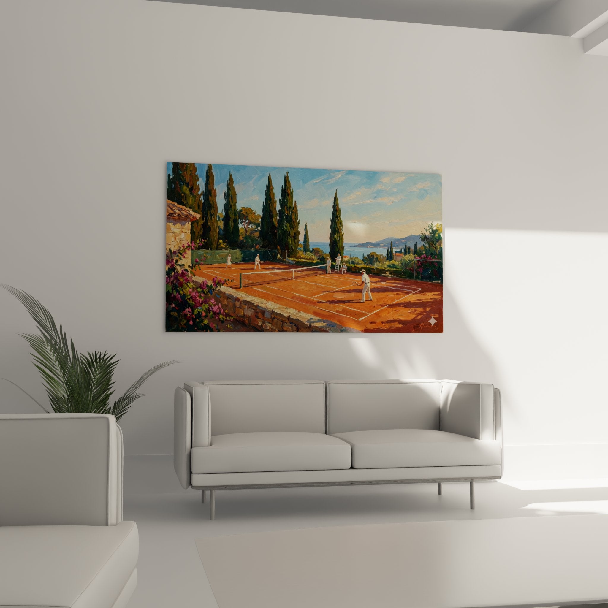 Détail peinture tennis joueurs court terre battue bougainvilliers violettes végétation méditerranéenne