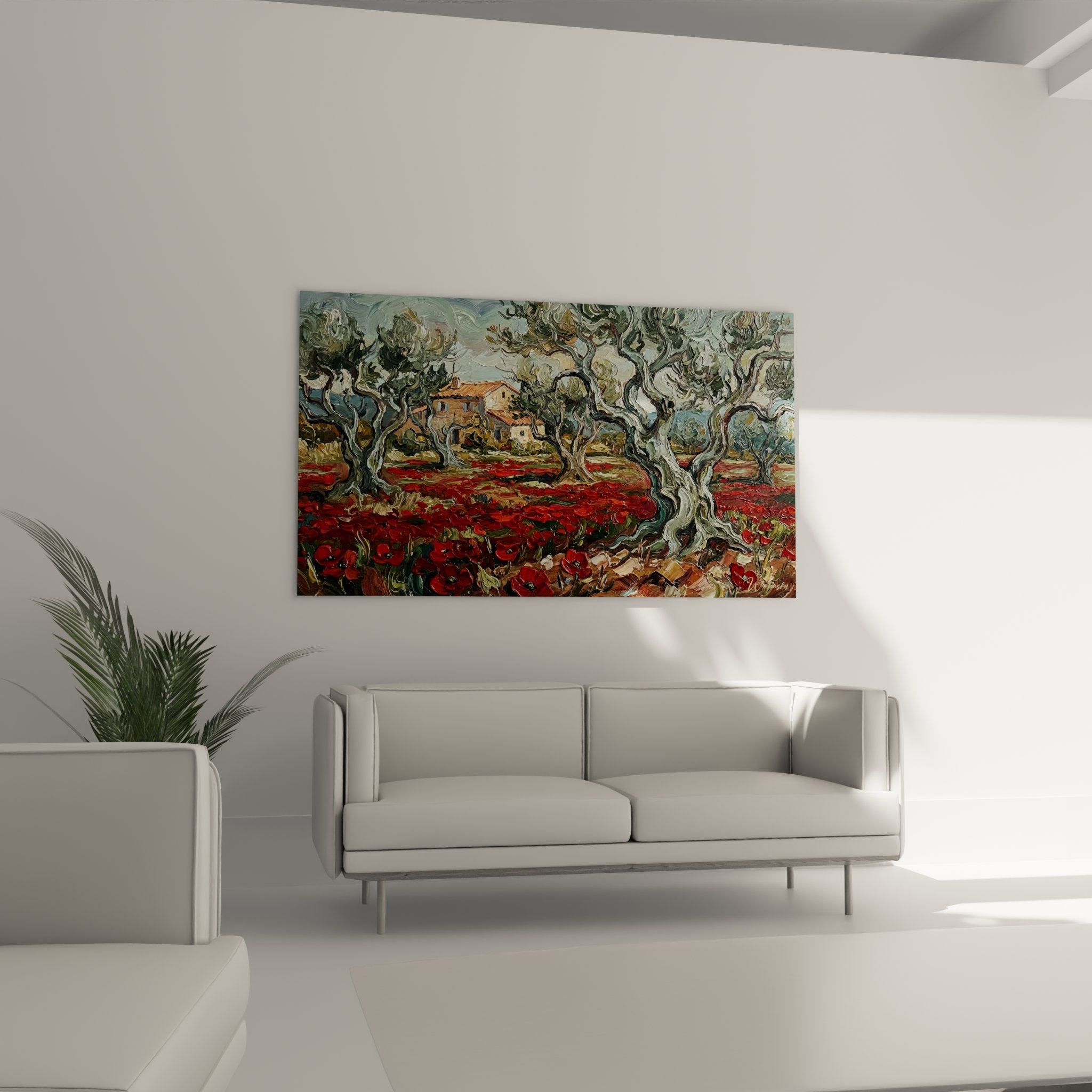 Détail peinture coquelicots rouges oliviers noueux technique impressionniste couleurs Provence authentiques