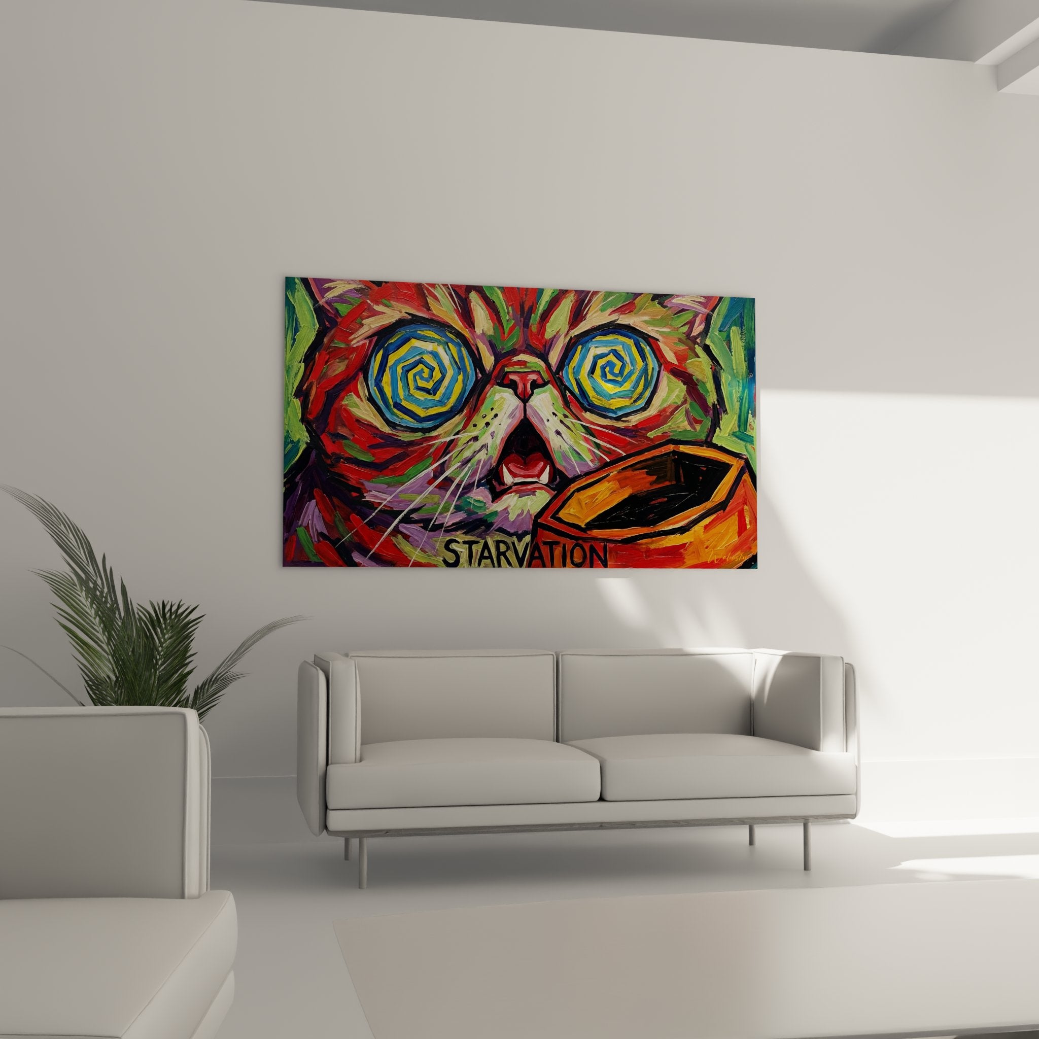 Nahaufnahme des Katzengemäldes mit spiralförmigen blau-gelben Augen, moderne psychedelische Malerei