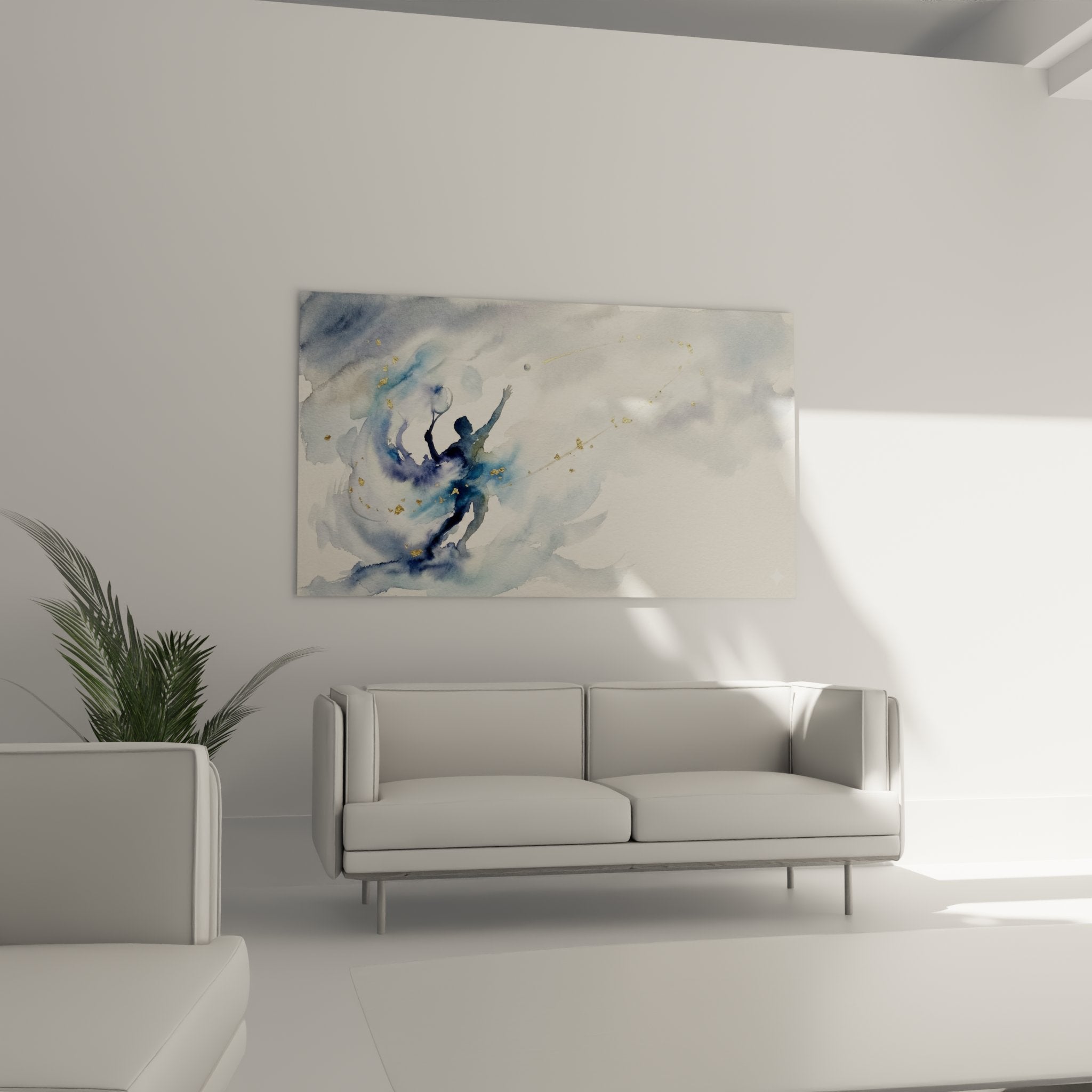 Detail aquarelle tennis joueur victoire technique peinture touches dorees nuances bleues art sportif qualite