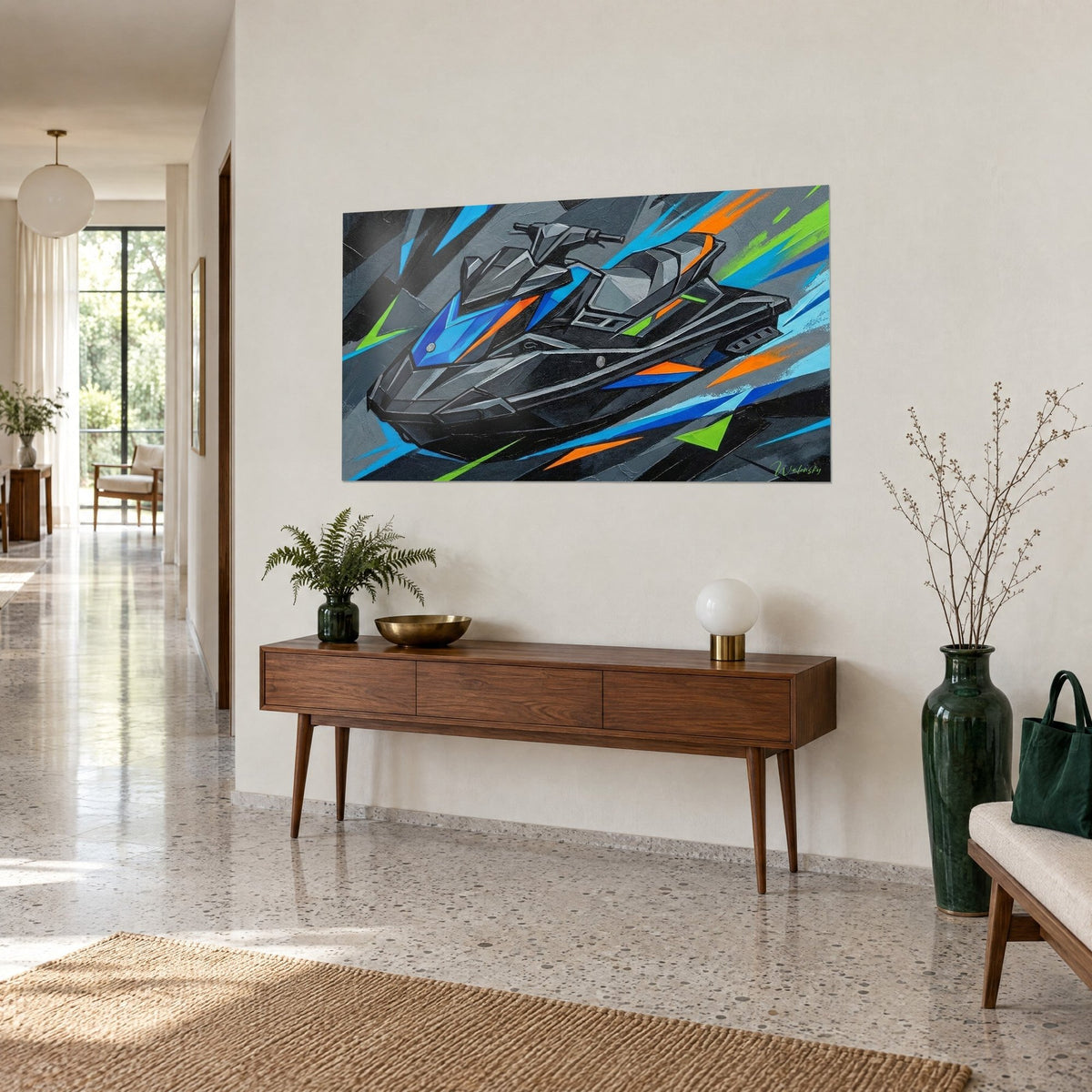 Wall art angular sea motorbike painted in anthracite grey, cobalt blue fairing and orange accents, above a wooden console