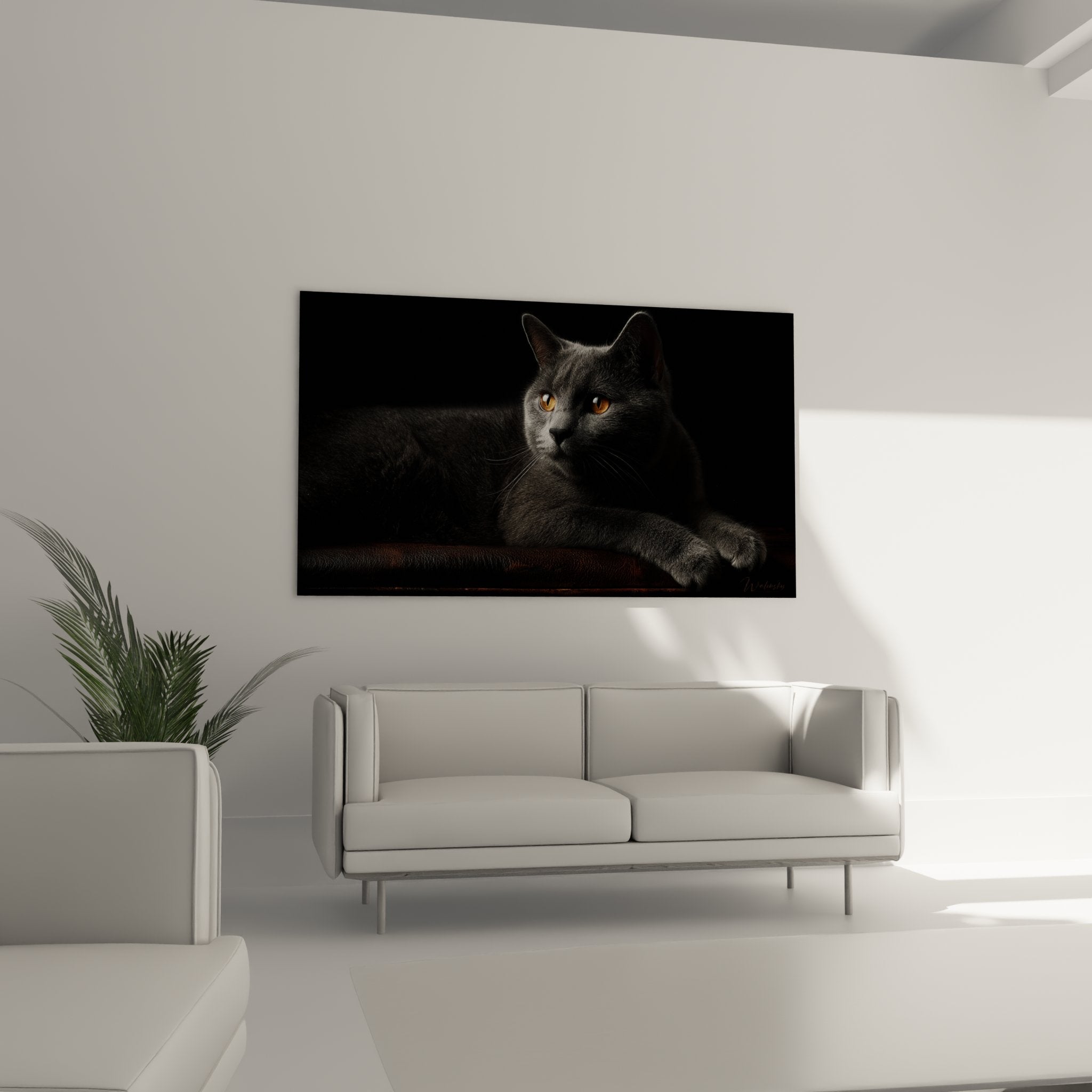 Nahaufnahme einer Kartäuser-Katze mit bernsteinfarbenen Augen, Details des graublau getigertem Fell, friedlicher Ausdruck, felini fotografische Kunst