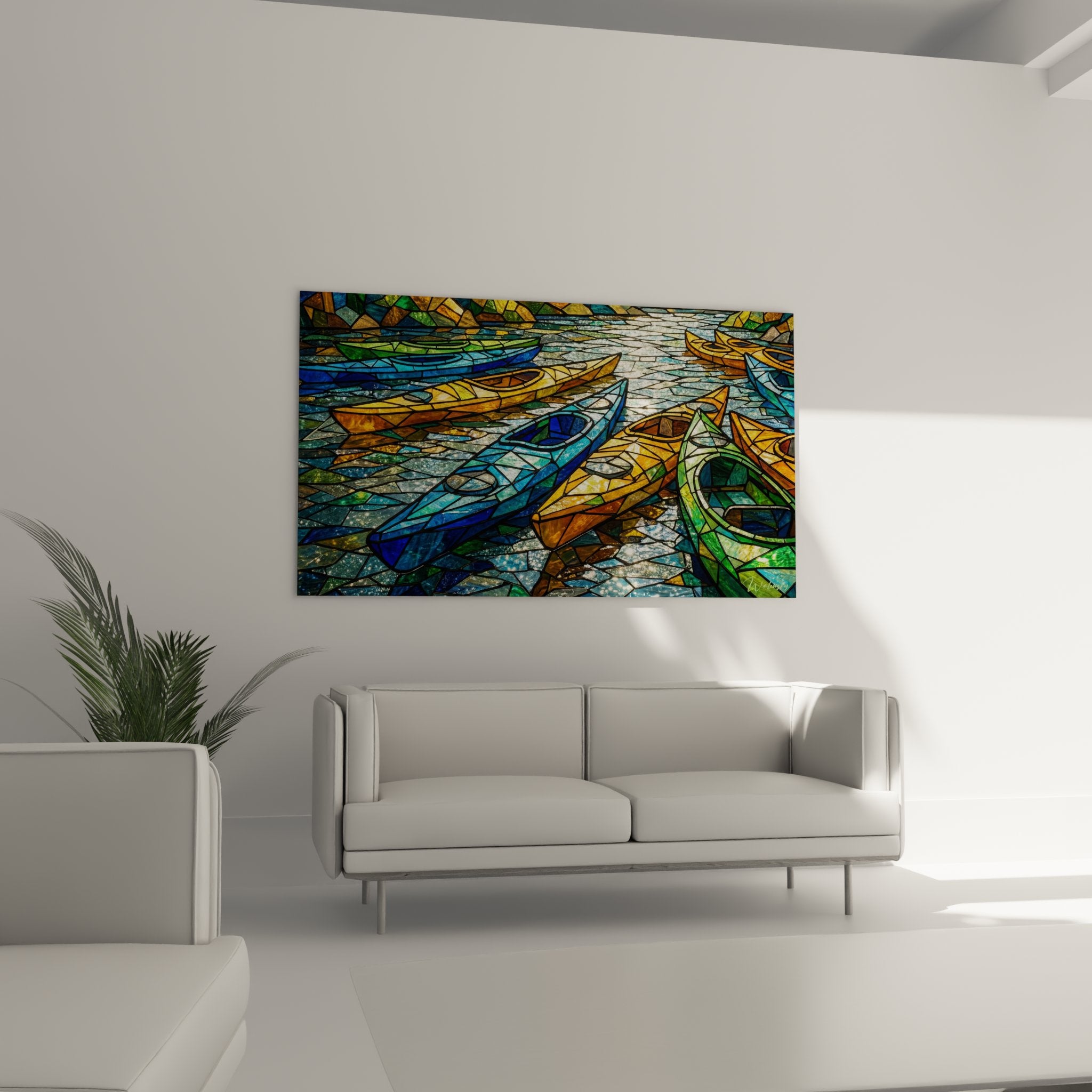 Detail tableau mosaique kayak bleu et orange avec technique vitrail et lignes de plomb artistiques