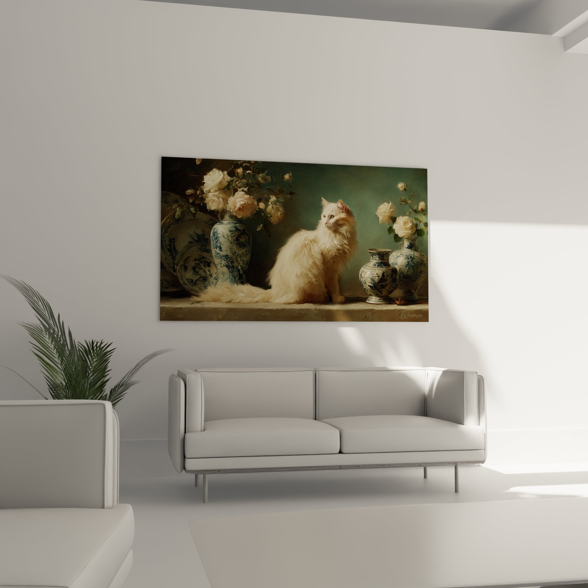 Dettaglio quadro gatto bianco con occhi penetranti tra vasi in porcellana blu con motivi floreali cinesi