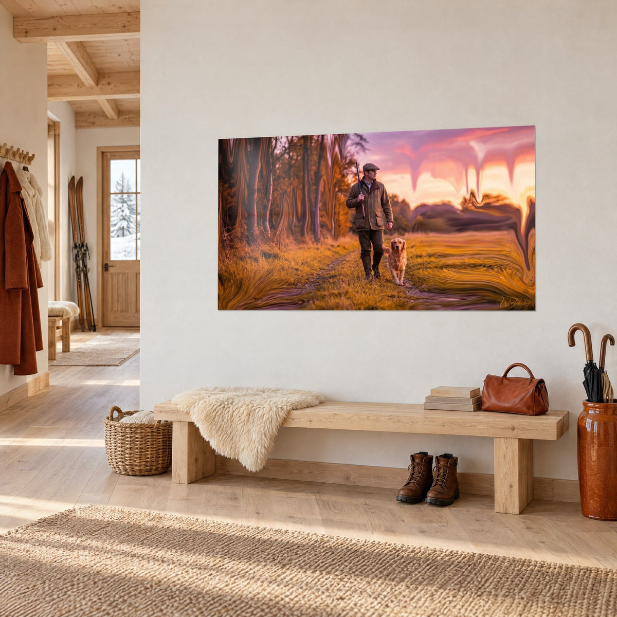 Quadro gentiluomo con coppola e fucile in spalla che cammina su un sentiero di erbe ocra e viola, accanto a una panca in legno chiaro