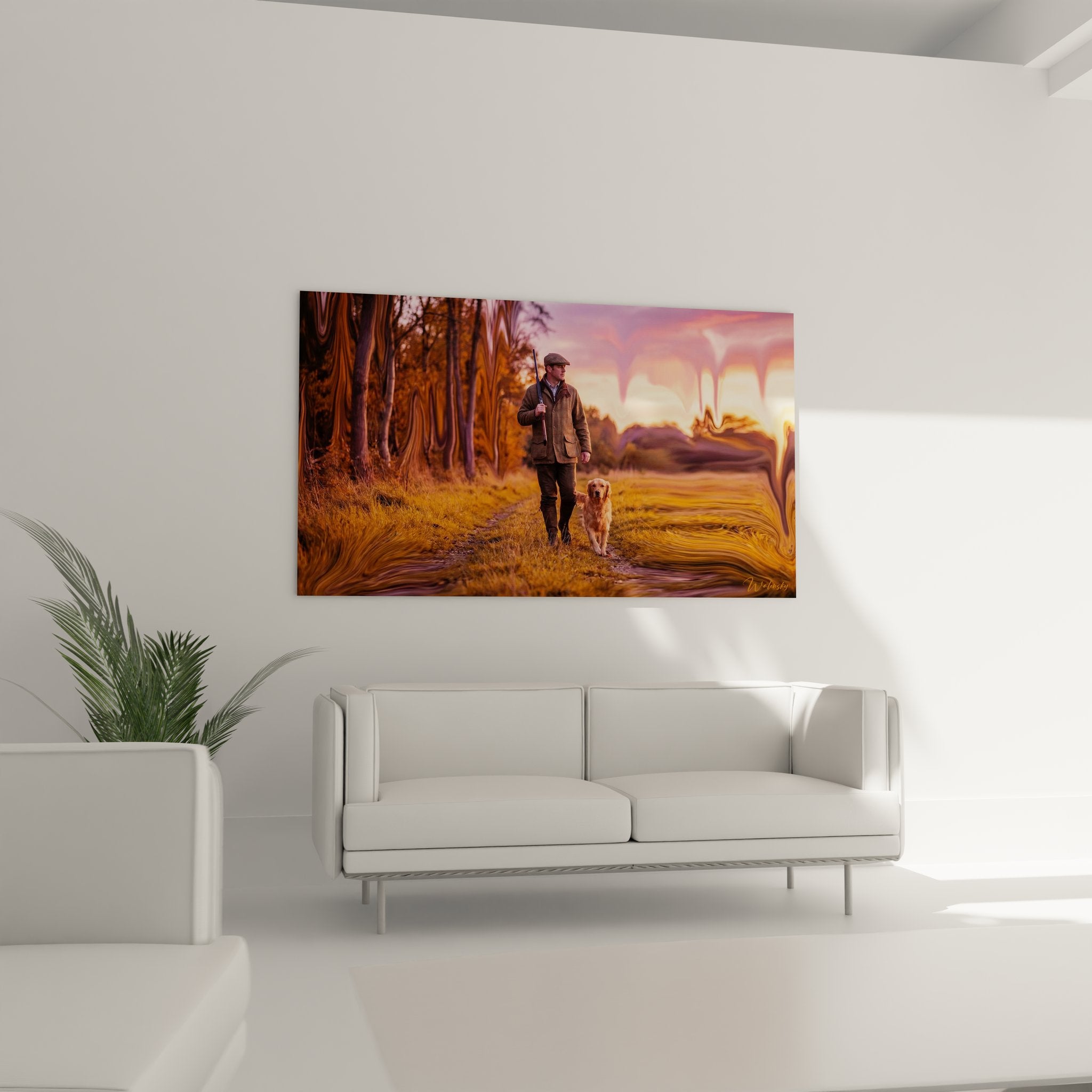 Detail tableau art cynegetique chasseur en tenue traditionnelle avec fusil et chien de chasse