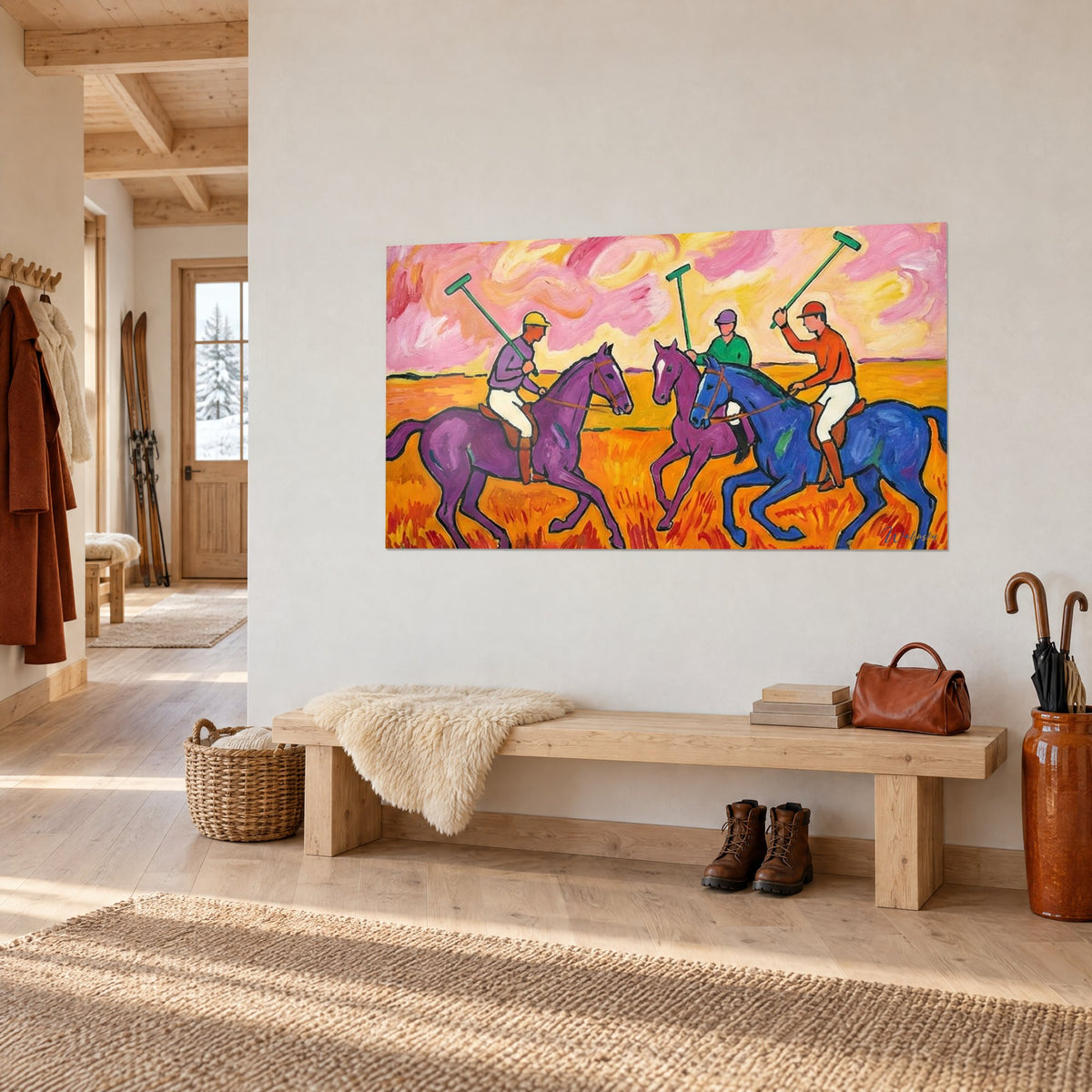 Gemälde drei Reiter mit grünem Schlägel, leuchtend oranges Feld, an einer weißen Chalet-Eingangswand