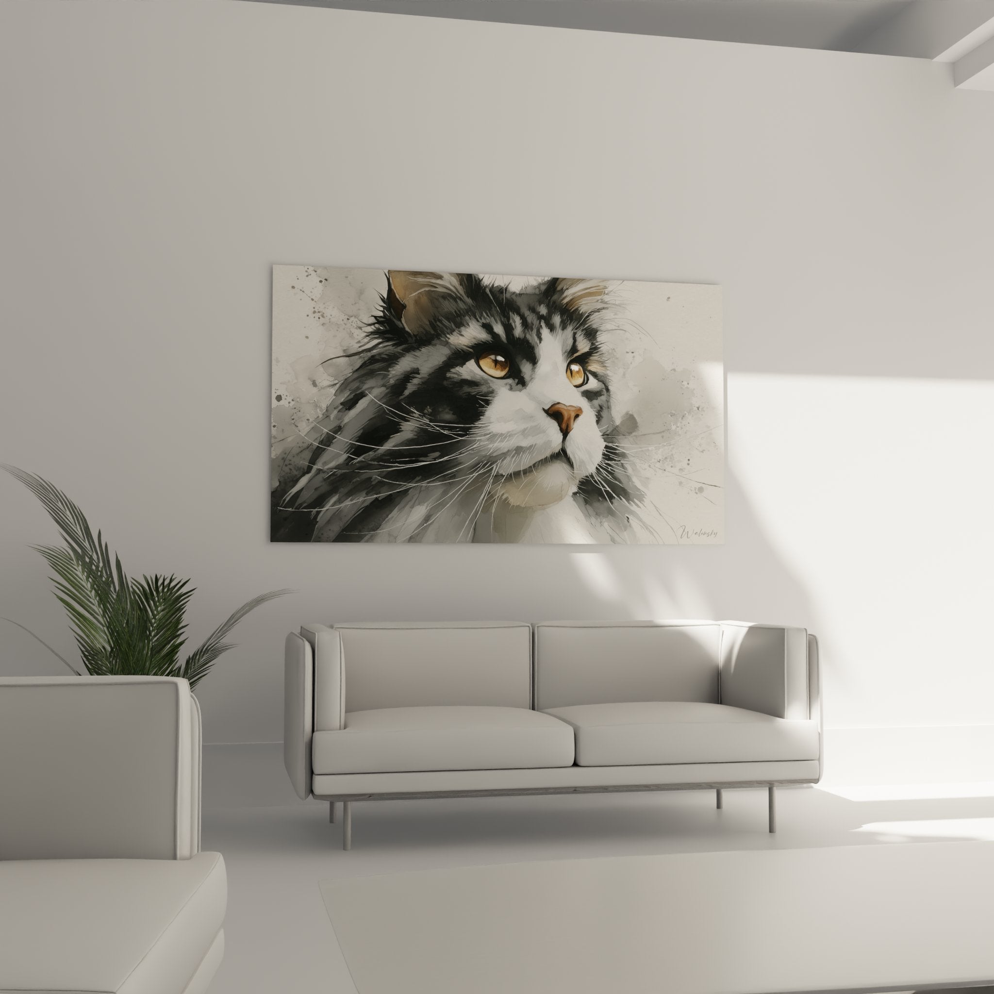 Détail portrait chat Sibérien aquarelle, yeux dorés et pelage gris blanc réaliste
