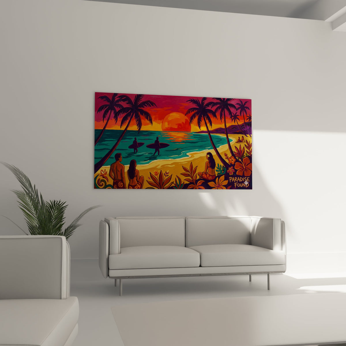 Detail tableau surf tropical montrant surfeurs silhouettes coucher soleil orange ocean turquoise palmiers